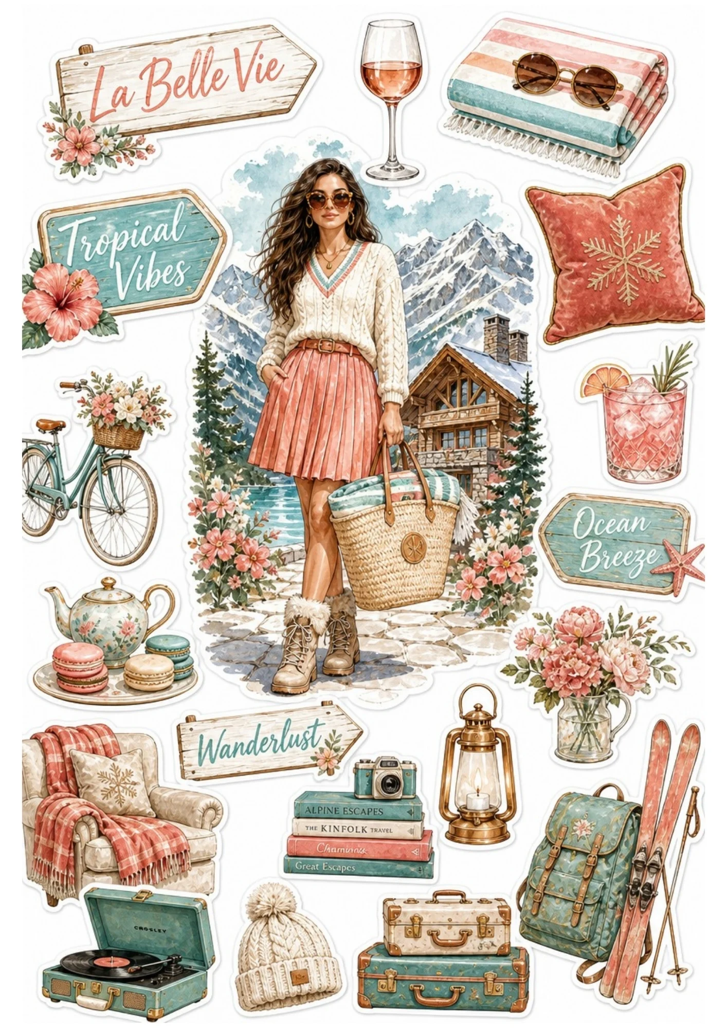 A summer alpine sticker sheet showing a woman in a pink pleated skirt, vintage blue bicycle, green record player, and pink skis.