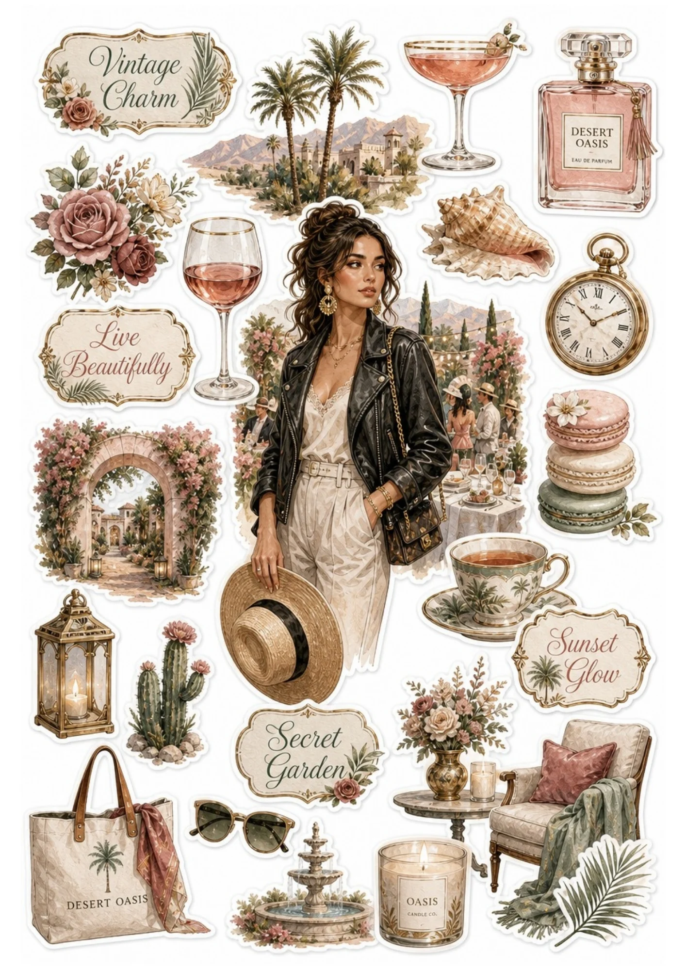 Printable sticker sheet with a fashion woman in a black leather jacket, perfume bottle, pink roses, cocktail glass, lanterns, and cacti in blush neutral tones.
