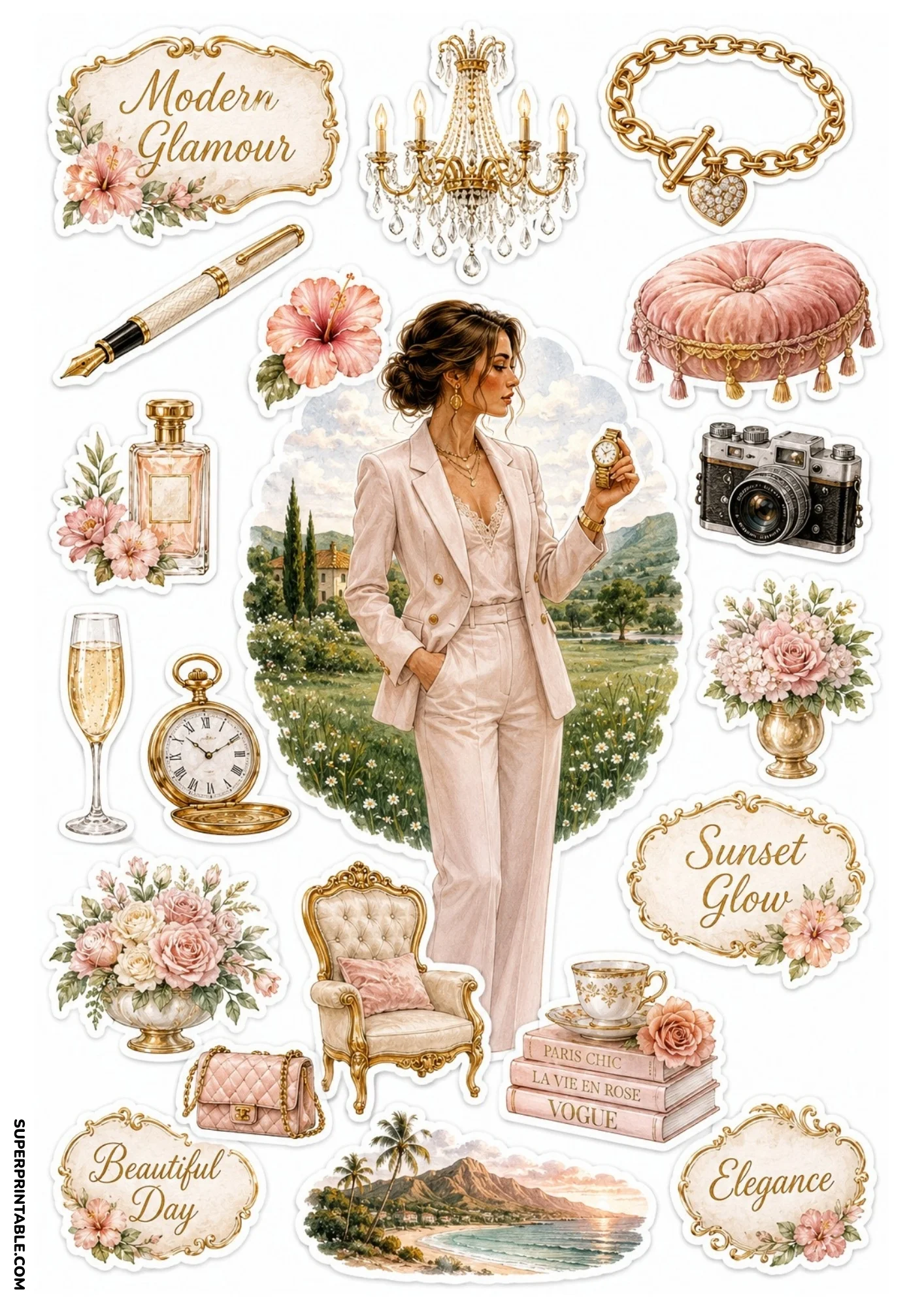 Printable sticker sheet centered on a woman in a blush pink suit, surrounded by gold chandeliers, perfume bottles, pink floral arrangements, pocket watches, quilted handbag, and ornate signs.