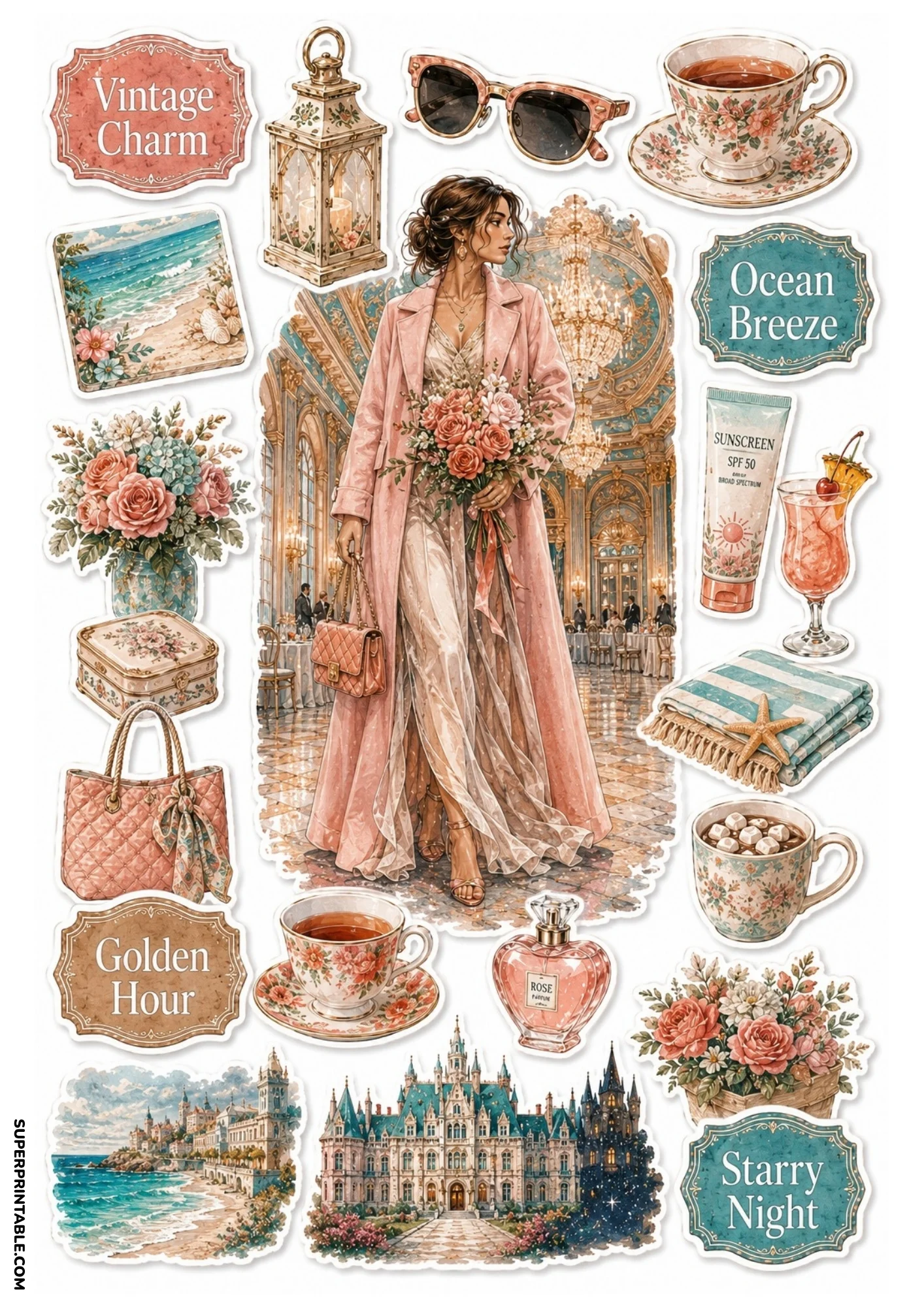 Watercolor sticker page depicting a woman in a pink coat holding roses inside an ornate gilded hall, along with coastal castle views, tea sets, and quilted handbags.