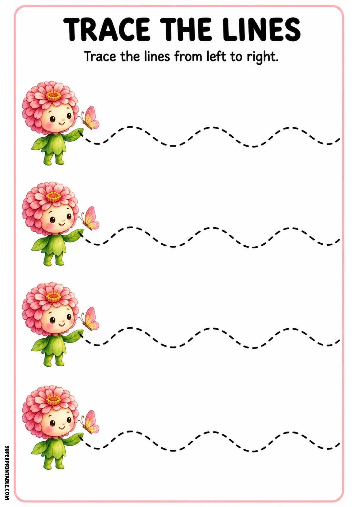 Full-color tracing page showing four pink zinnia fairies with butterflies alongside dashed smooth wave tracing lines.
