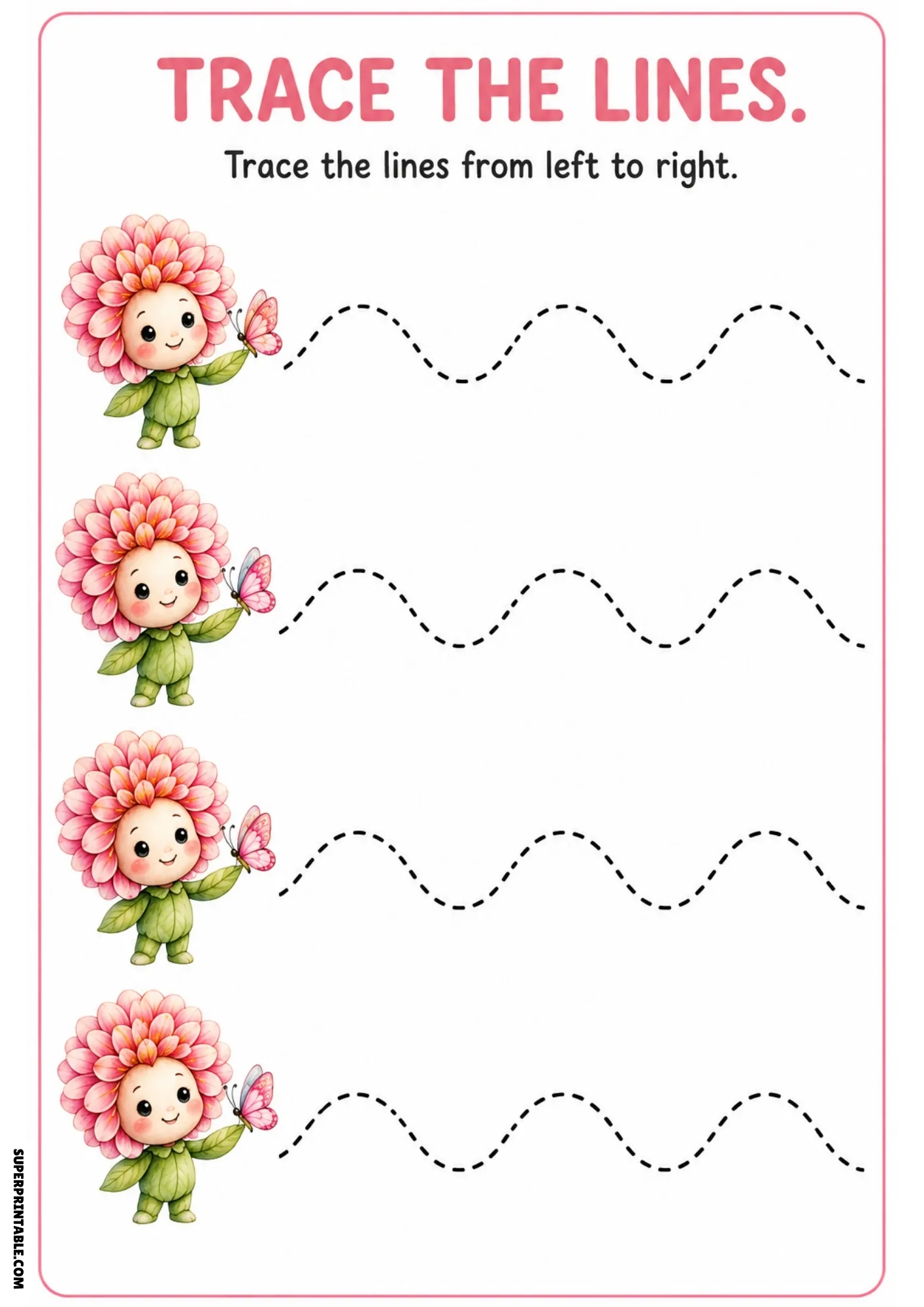 Full-color tracing printable showing four pink zinnia fairies with butterflies on their hands next to dashed wave paths.