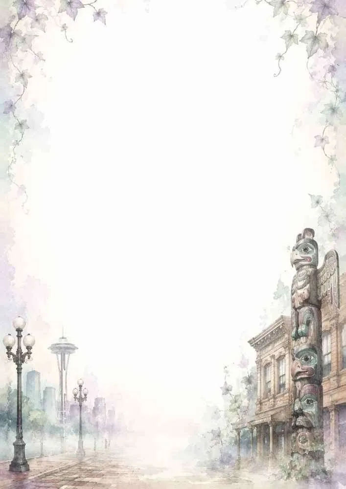 A historic writing page showing the Pioneer Square totem pole, brick walkways, vintage streetlamps, and buildings with a purple ivy watercolor wash.