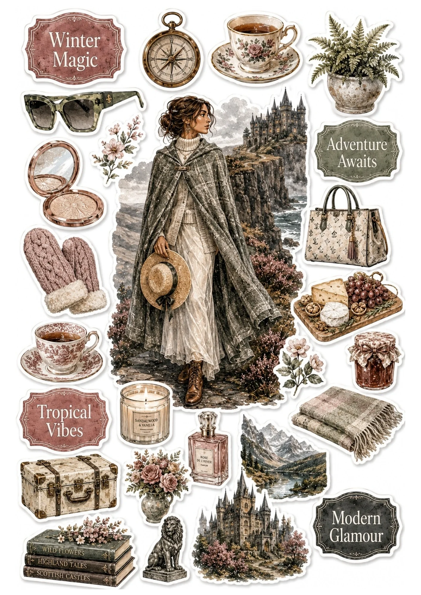 Sticker sheet illustration of a woman wearing a plaid wool cape standing on coastal cliffs by a gothic castle, surrounded by mountain scenery and cozy winter accessories.