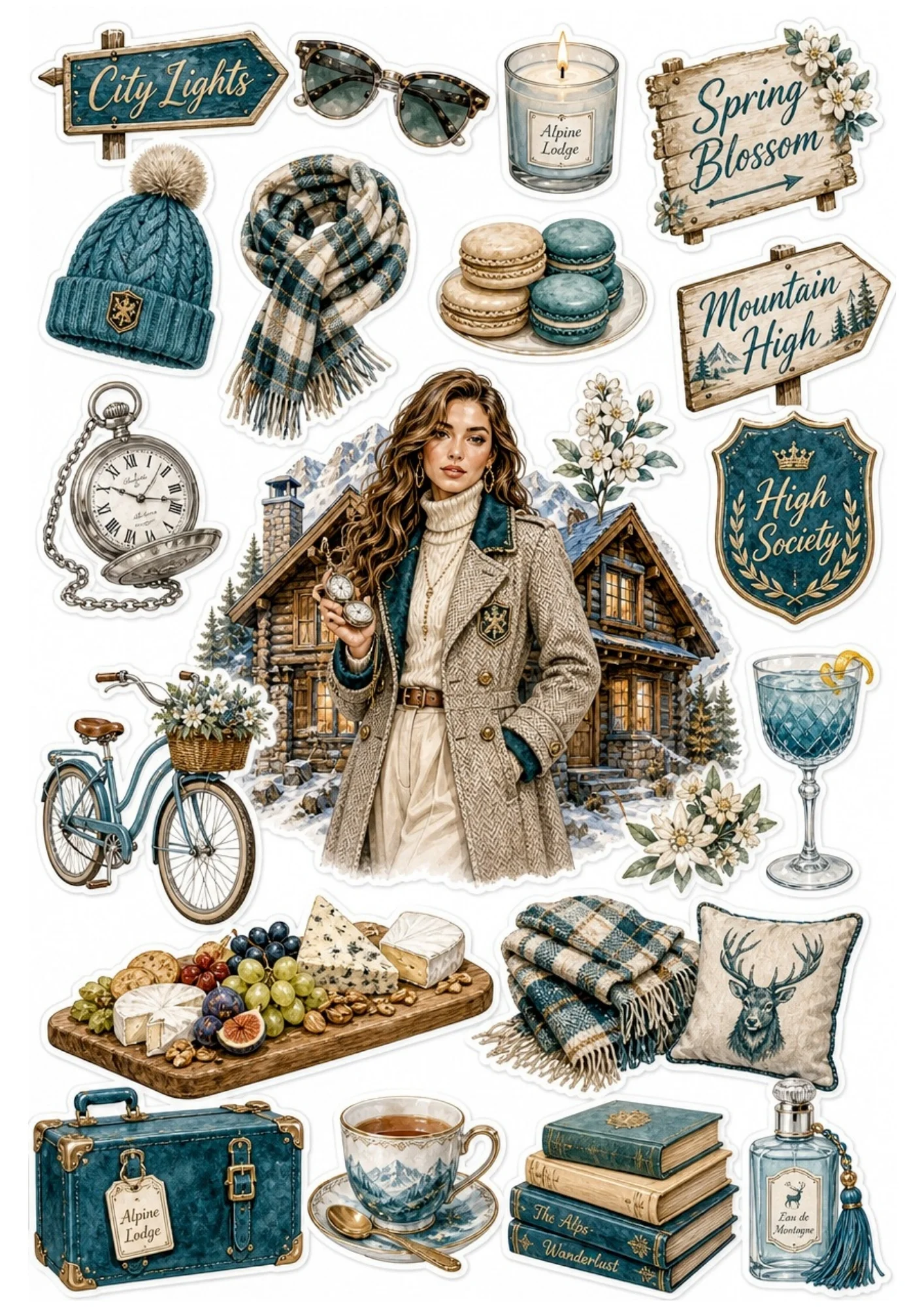 A teal sticker sheet depicting a woman in a plaid trench coat, cheese charcuterie board, blue suitcase, books, and tea cup.