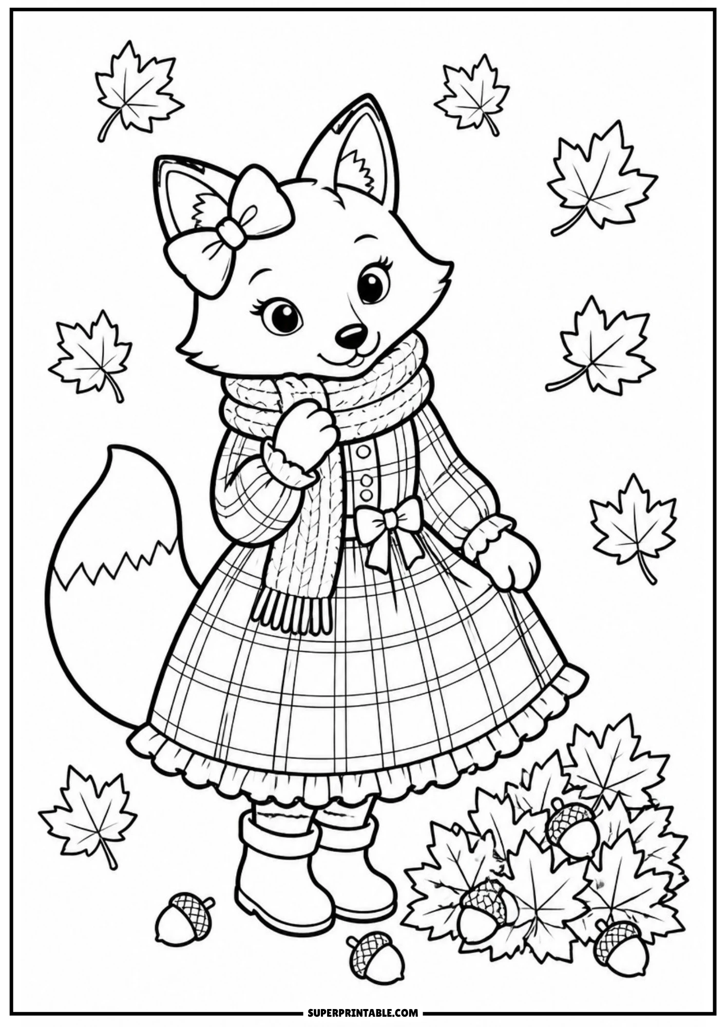 A vintage style coloring page of a cute fox dressed in a plaid coat with a knit scarf and winter boots, standing among falling oak leaves and acorns.