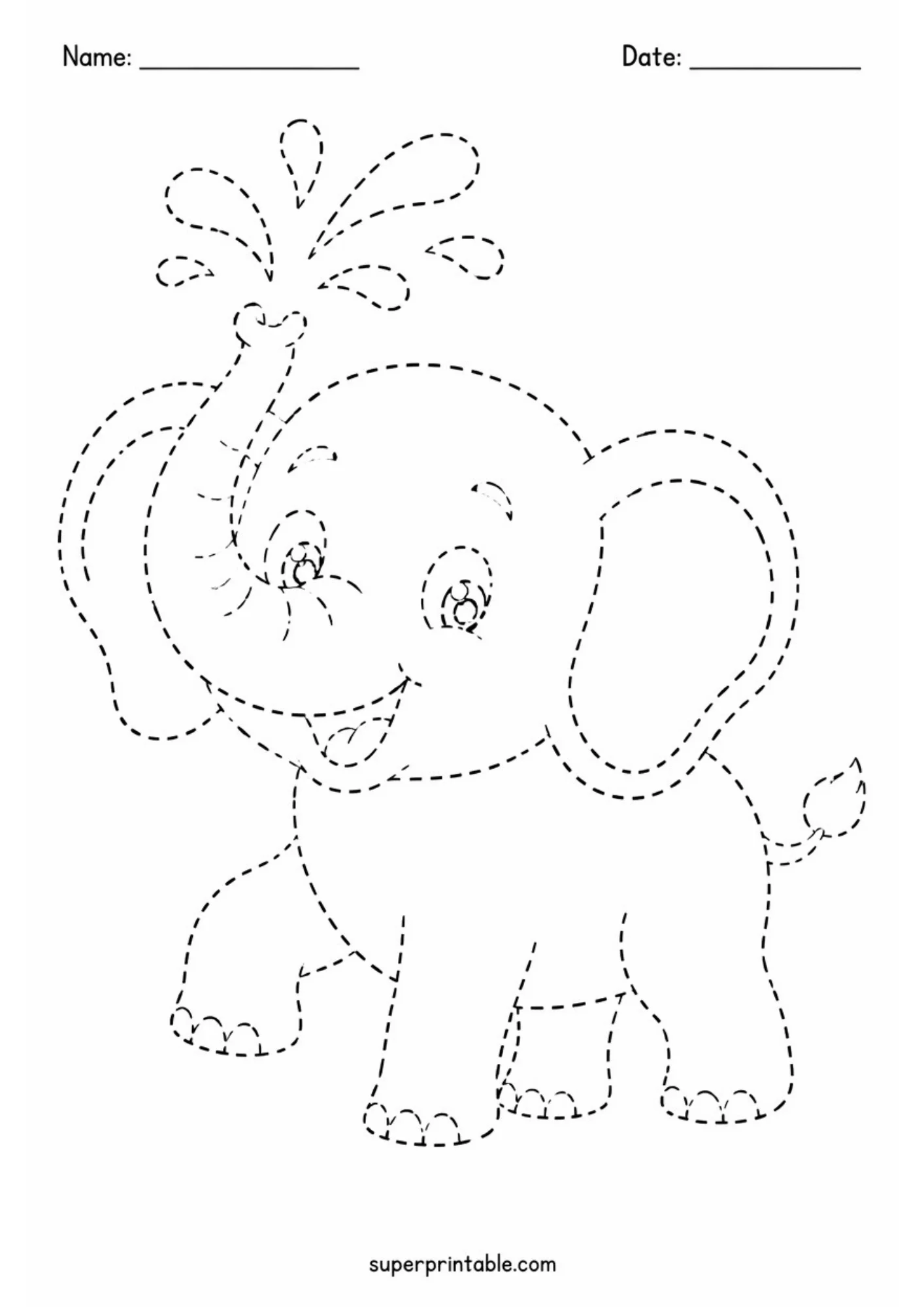 Tracing activity sheet showing a cheerful cartoon baby elephant spraying water droplets into the air from its trunk. Outlined in dashed lines for fine motor skills.