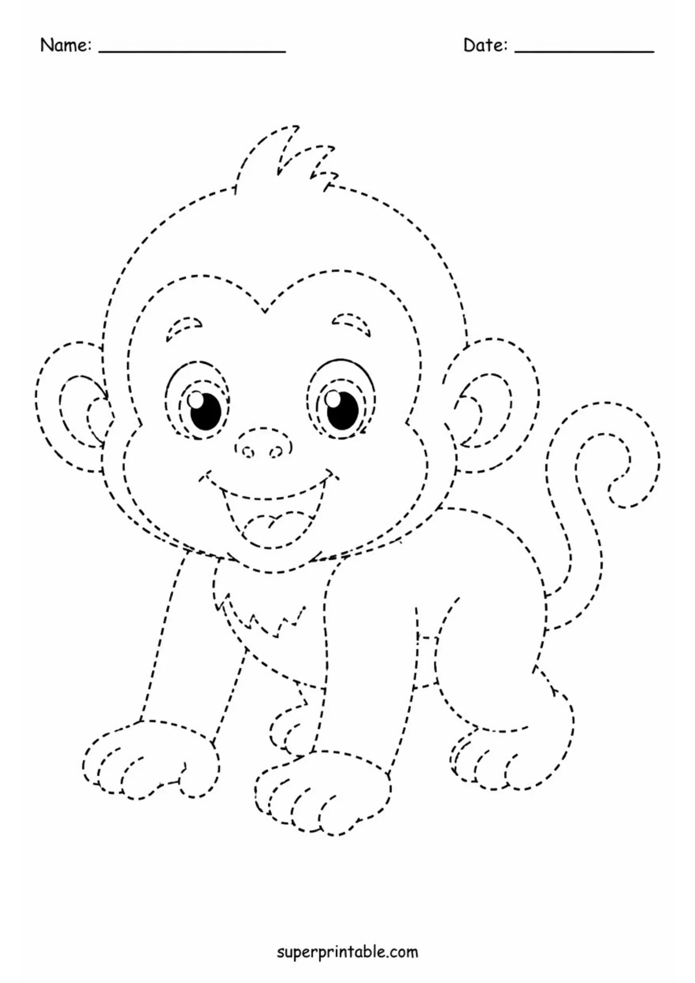 Black and white dashed line activity sheet showing a playful baby monkey walking on all fours with a cheerful face and curled tail.