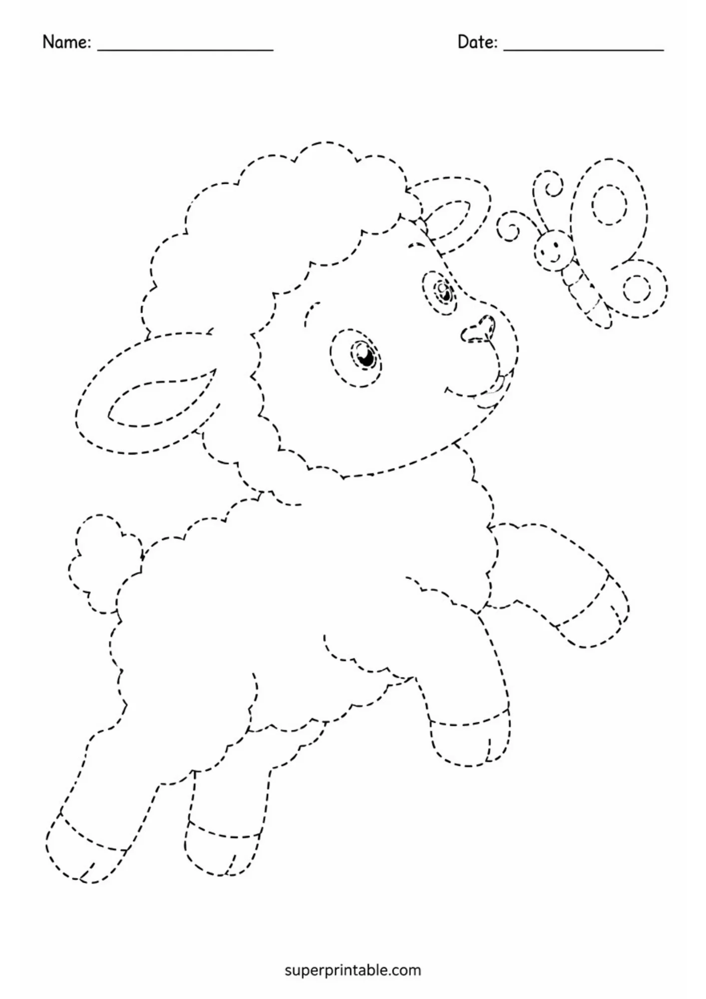A dashed line art tracing worksheet of a cheerful baby lamb jumping in mid air toward a small fluttering butterfly.