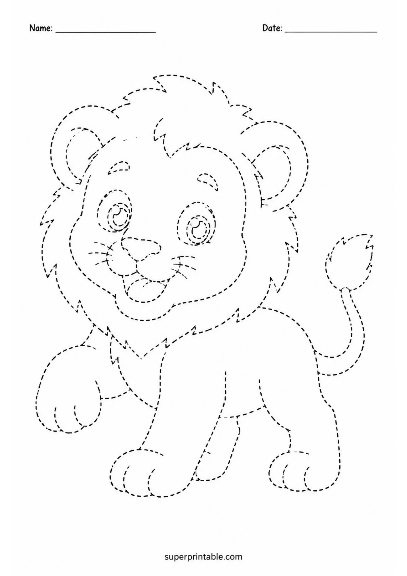 Black and white printable tracing sheet featuring a dotted outline of a lion cub taking a step forward with raised front paw.