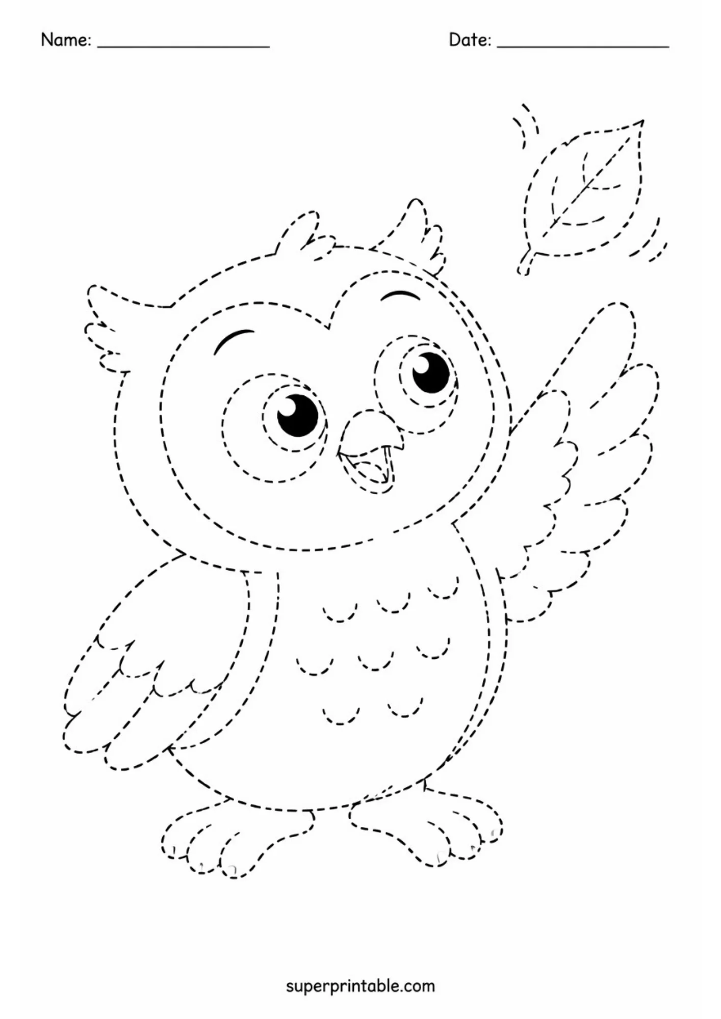 Black dashed tracing activity sheet showing a happy owlet reaching up with one wing toward a floating leaf, with lines for Name and Date at the top.