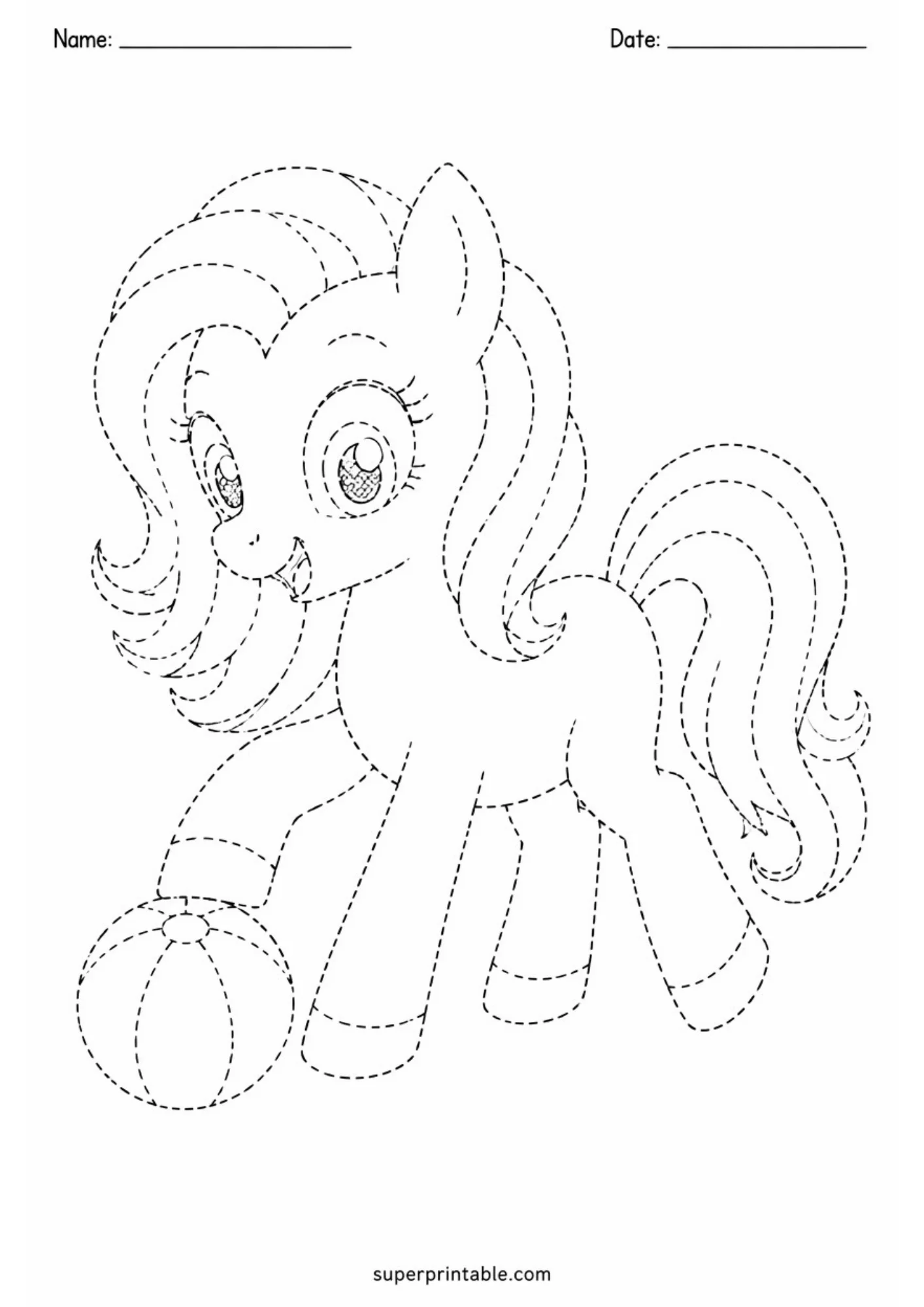 Black dashed line art worksheet depicting a cheerful pony resting one hoof on a striped play ball, surrounded by dotted outlines for tracing.