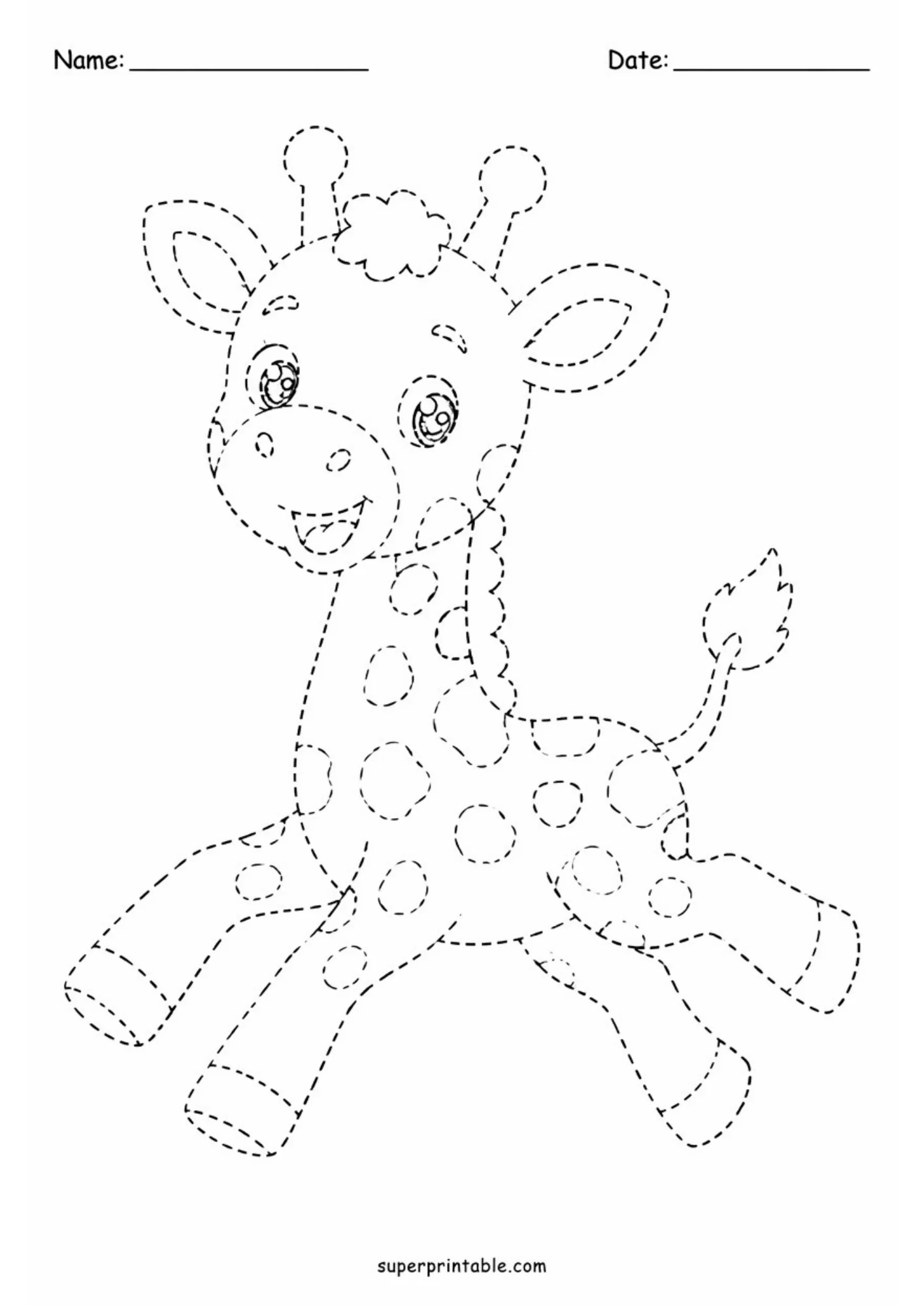 Black dashed outline activity sheet featuring a cheerful baby giraffe calf running with legs outstretched, open mouth, raised tail, and top Name and Date header lines.