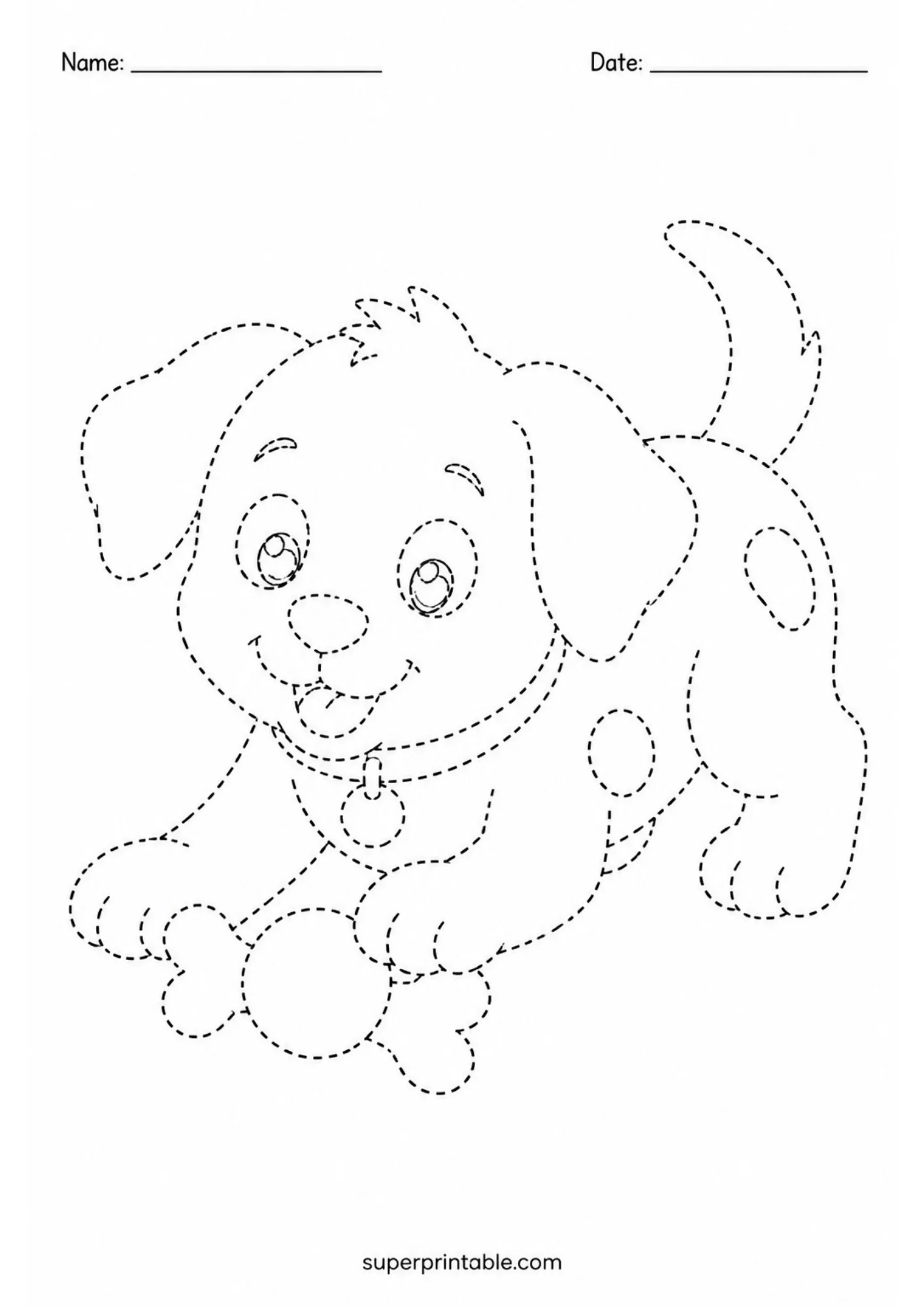 Black and white dotted tracing page of a playful spotted puppy crouching over a big dog bone treat with wagging tail.