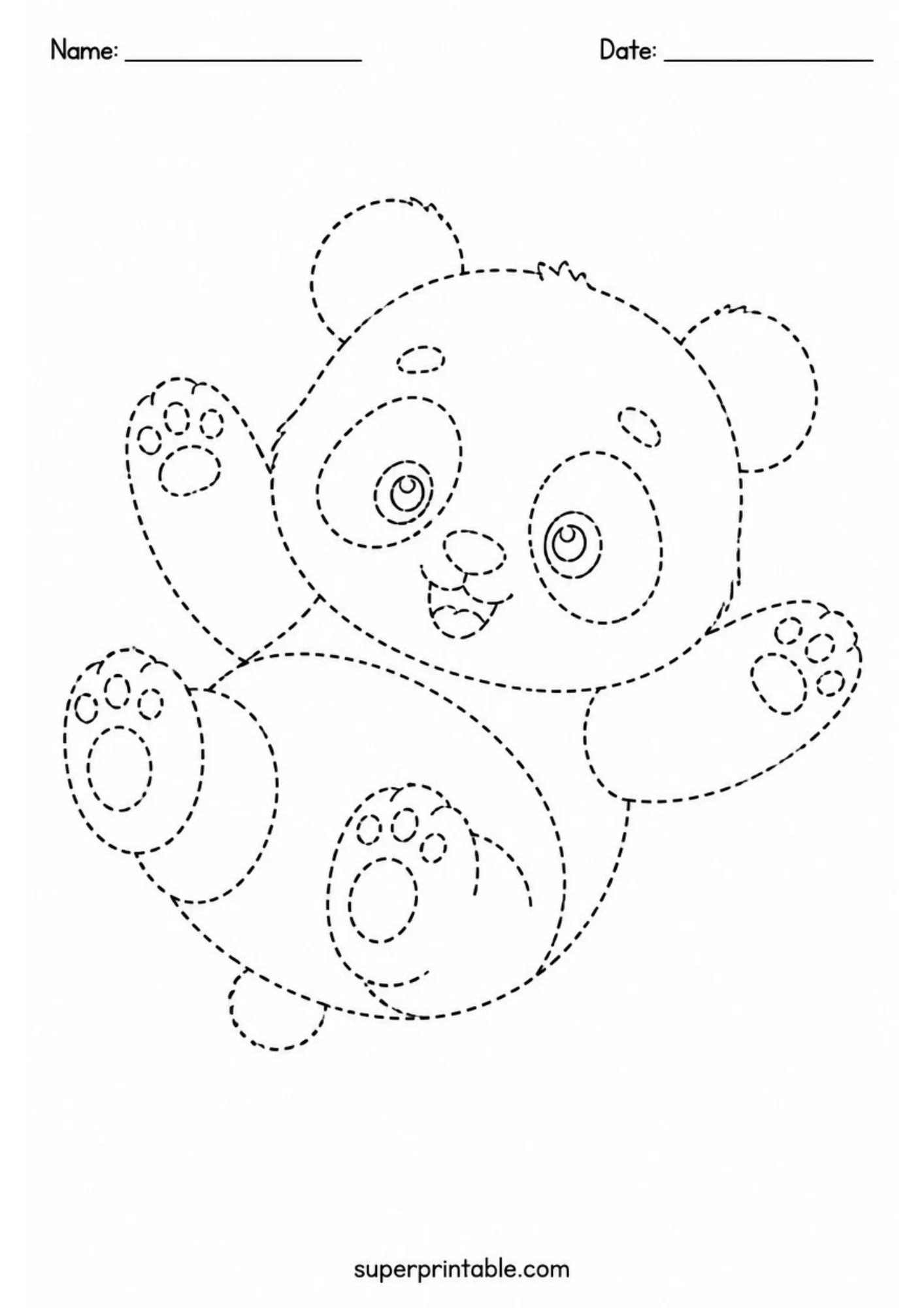 Dotted line art tracing printable featuring a playful baby panda cub rolling on its back with raised paws.