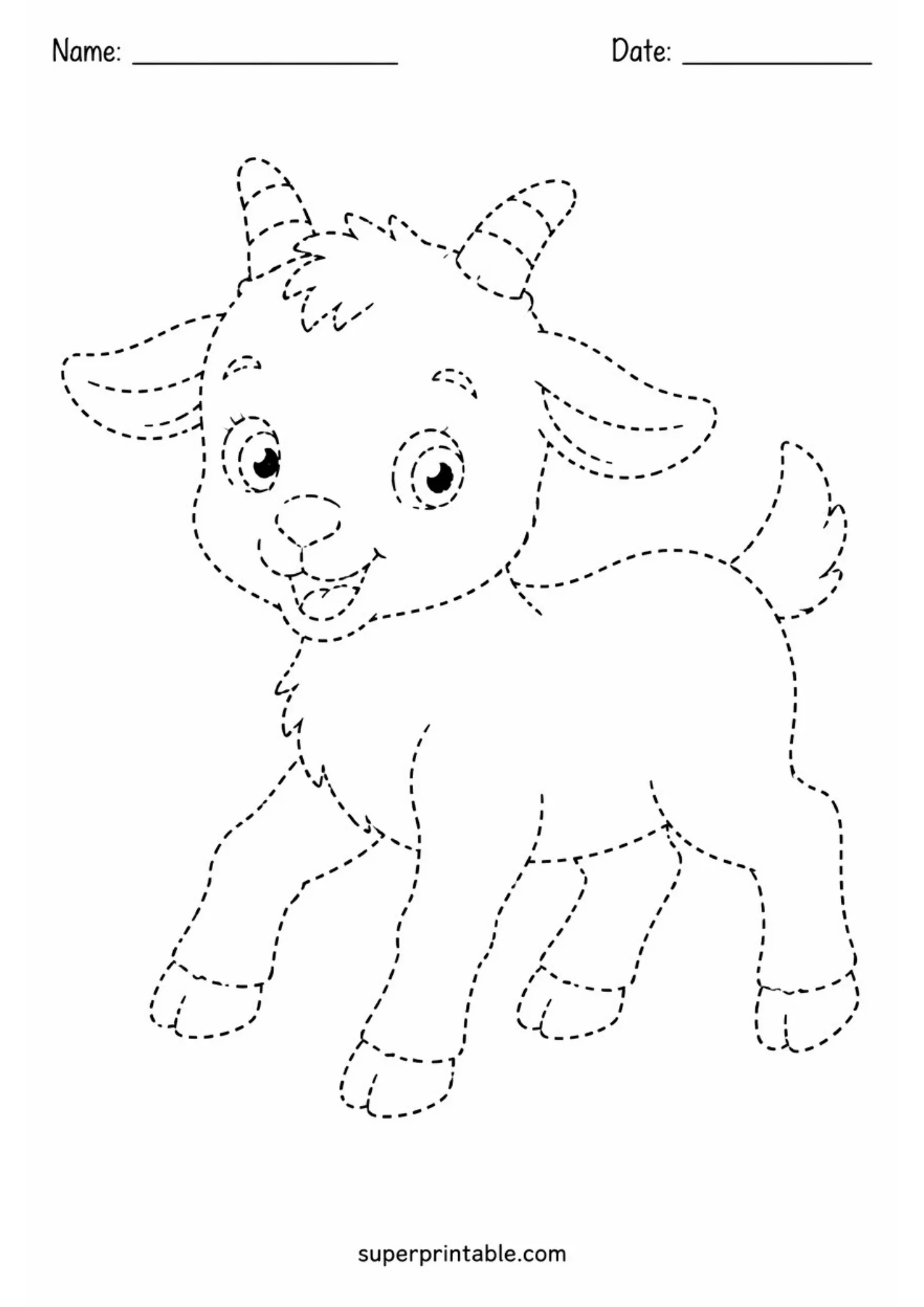 Black and white line art tracing worksheet featuring a cheerful walking cartoon baby goat with striped horns and dashed outlines, including Name and Date header lines.