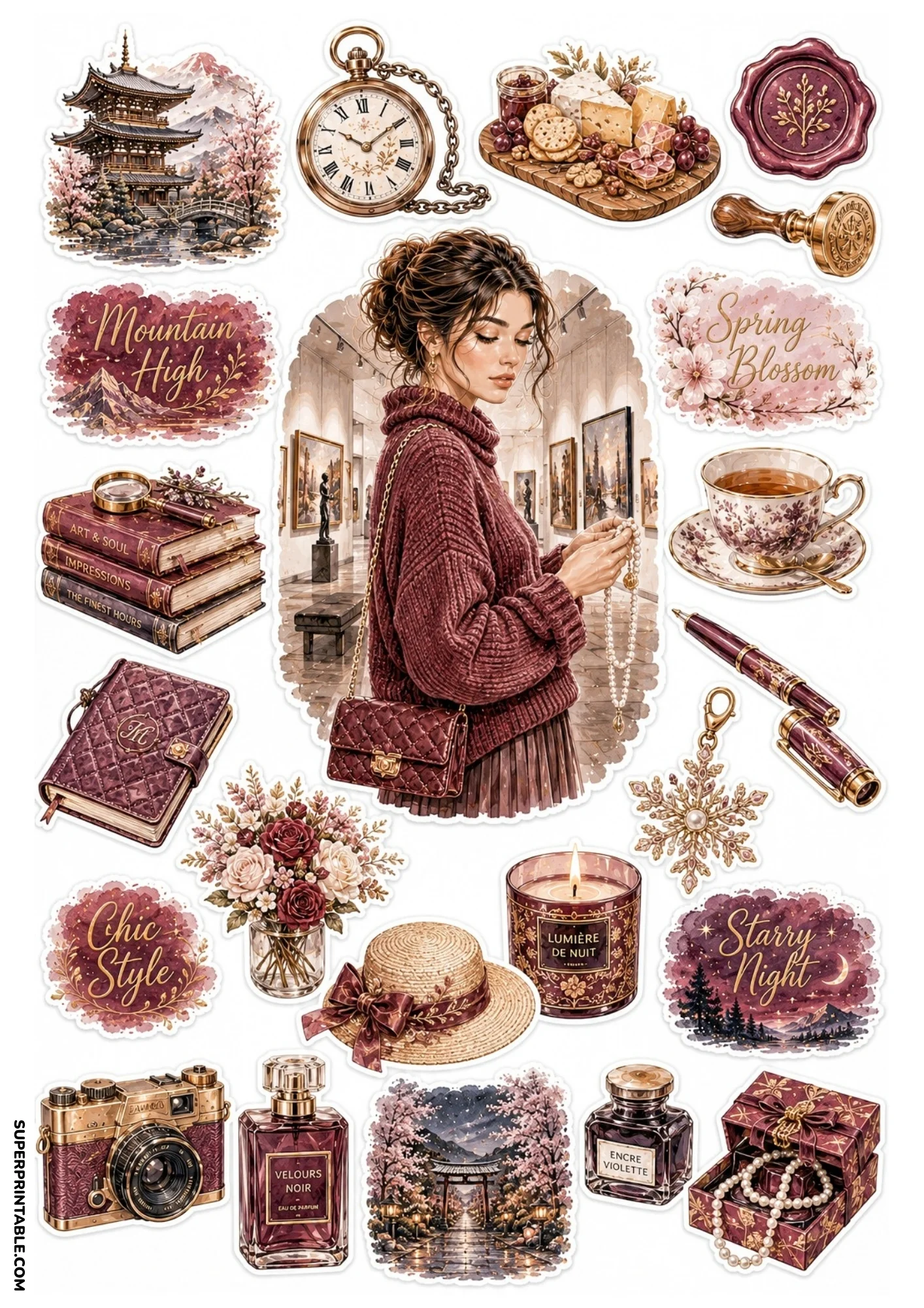 Plum burgundy watercolor sticker sheet displaying a pagoda in autumn, art books stack, flower bouquet, candle, wax seal, and leather travel journal.