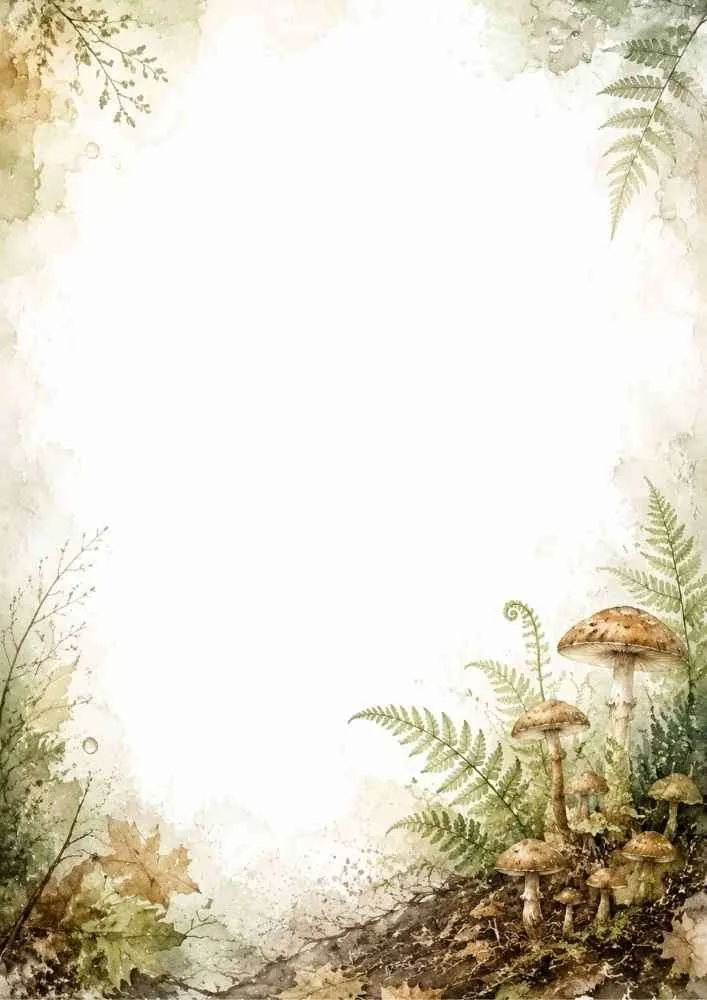 A forest floor writing page with wild brown mushrooms growing among green fern fronds and fallen autumn leaves on a mossy log.
