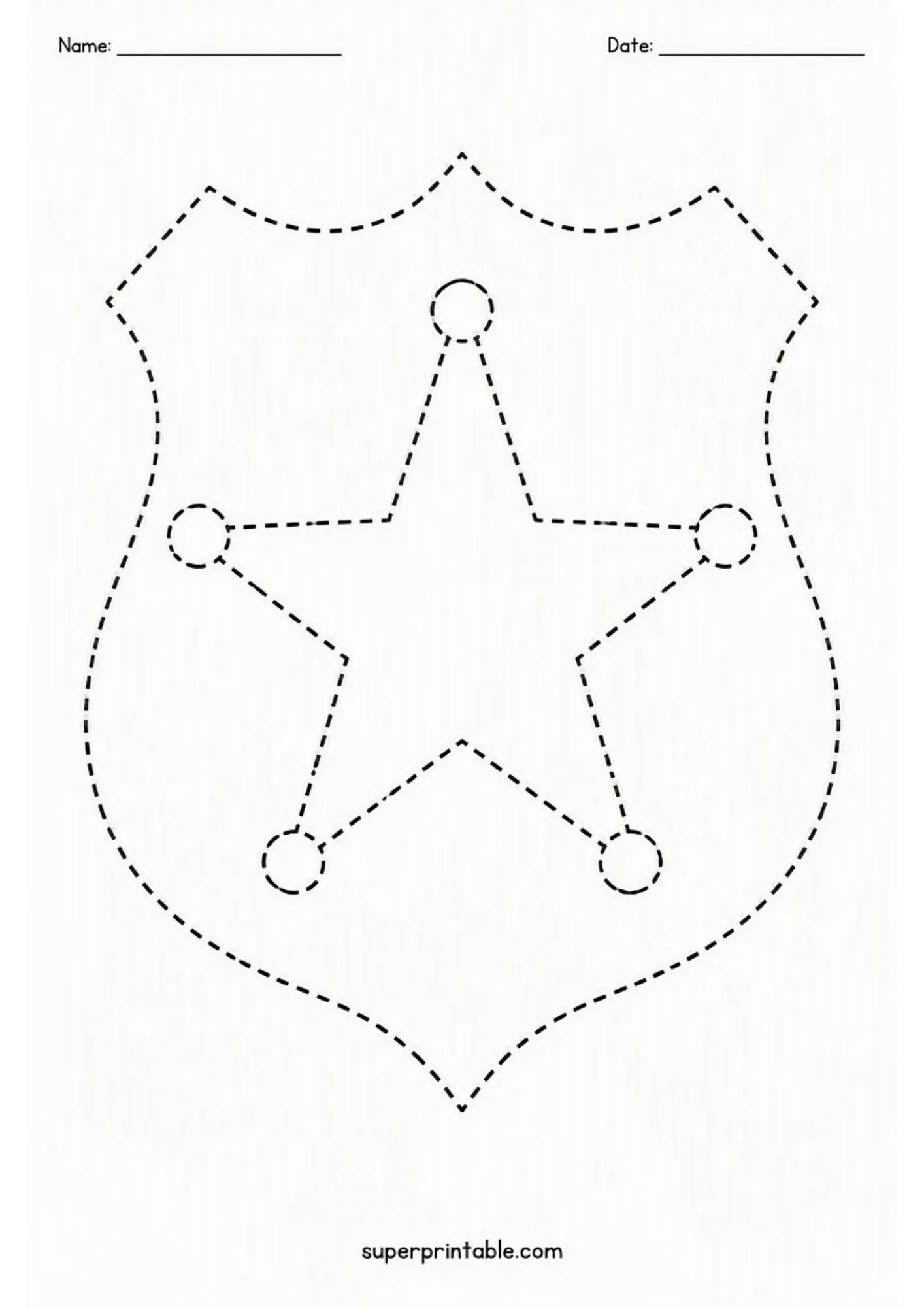 Printable activity worksheet with a dashed line outline of a police officer badge shield.