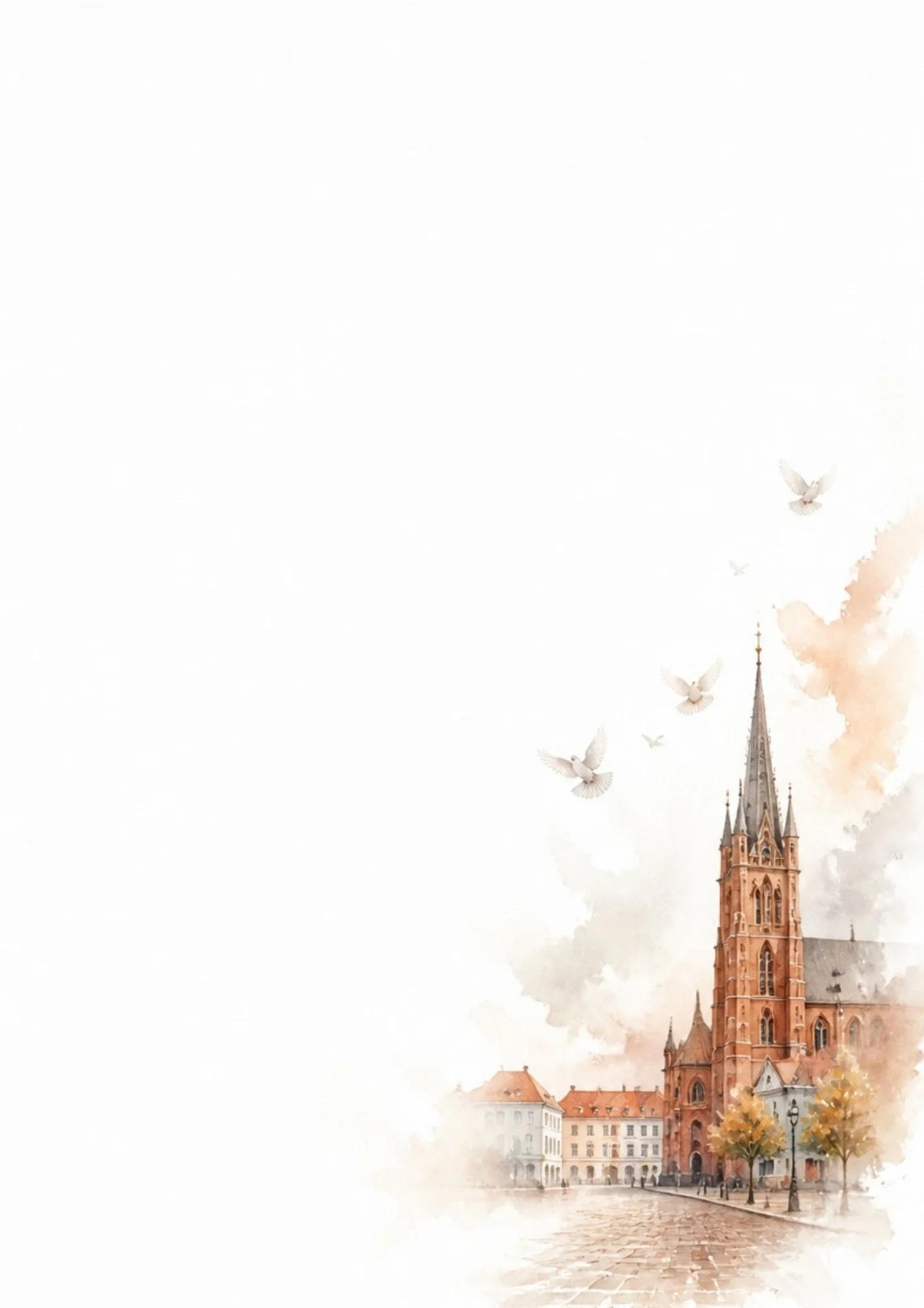 Watercolor painting of a tall gothic red brick church tower in Poland with doves flying over a cobbled street on the bottom right of a blank page.