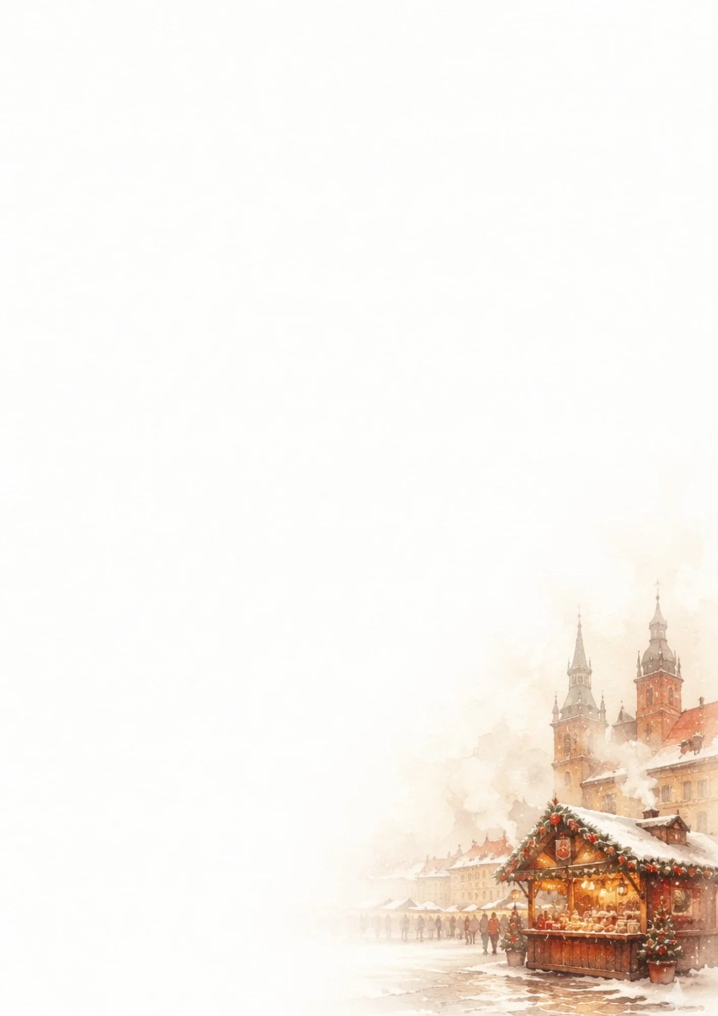 Watercolor depiction of a snowy Polish Christmas market stall decorated with green wreaths and glowing lights with church spires on the bottom right of a blank page.