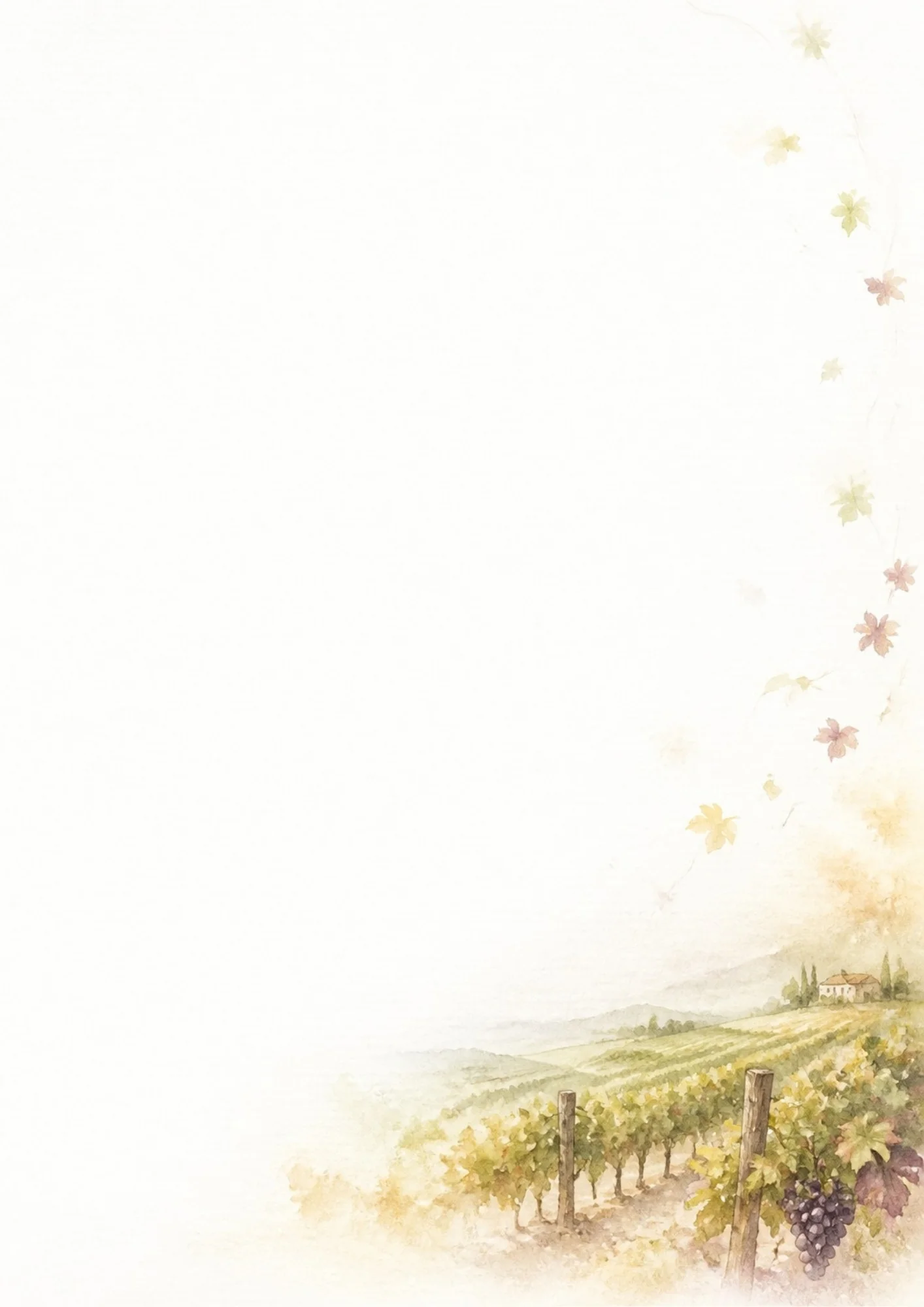 Watercolor painting of rows of grapevines with ripe grapes on a hillside vineyard in Poland with falling leaves in the bottom right of a blank sheet.