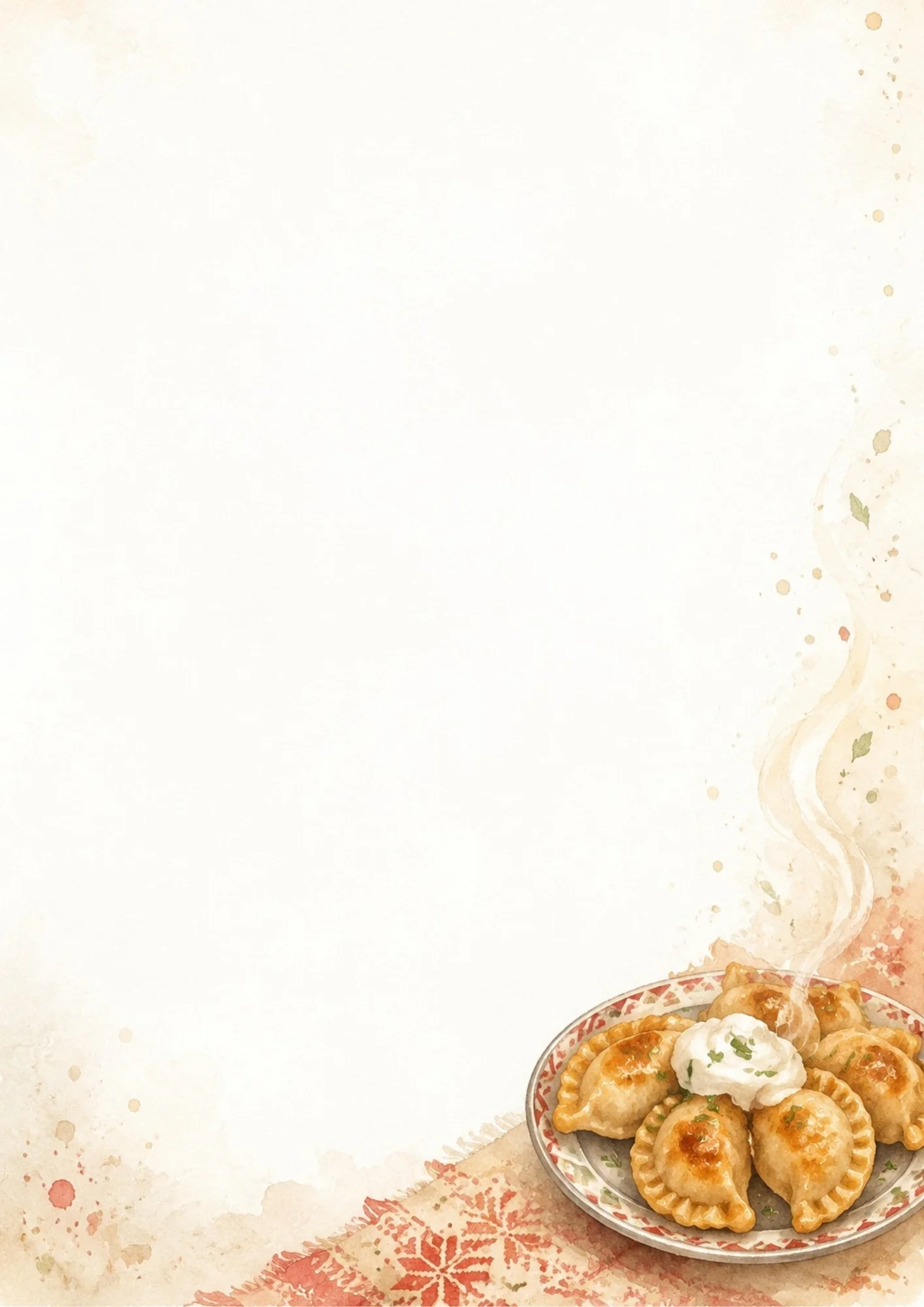 Watercolor illustration of a plate of hot pierogi dumplings topped with sour cream and parsley, next to a red embroidered tablecloth on a blank background.