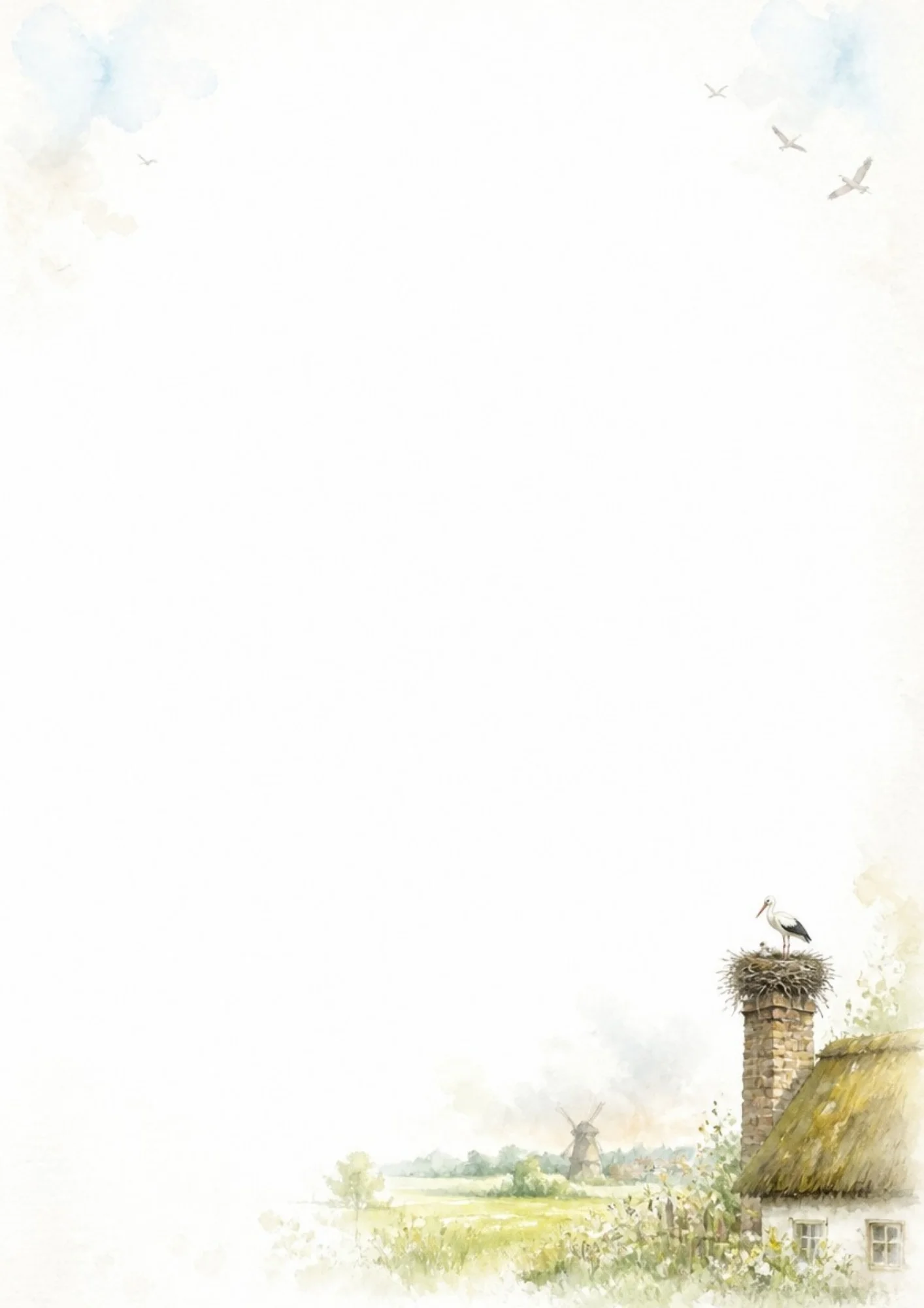 Watercolor painting of a white stork standing in its nest on a cottage brick chimney with a green meadow and windmill in the background on the bottom right of a blank page.