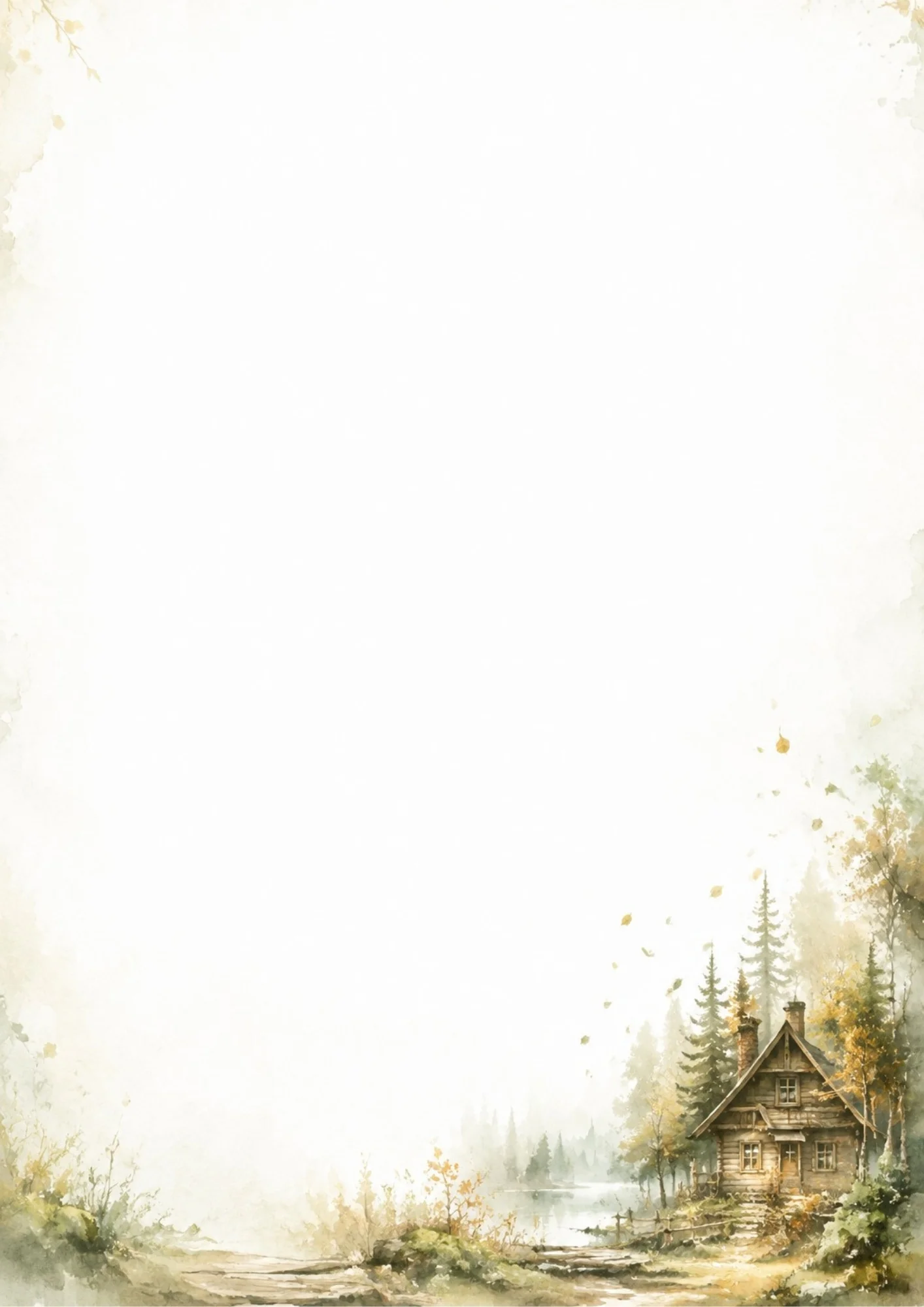 Watercolor illustration of a cozy log cabin in a green pine forest next to a misty lake on the bottom right of a blank writing paper.