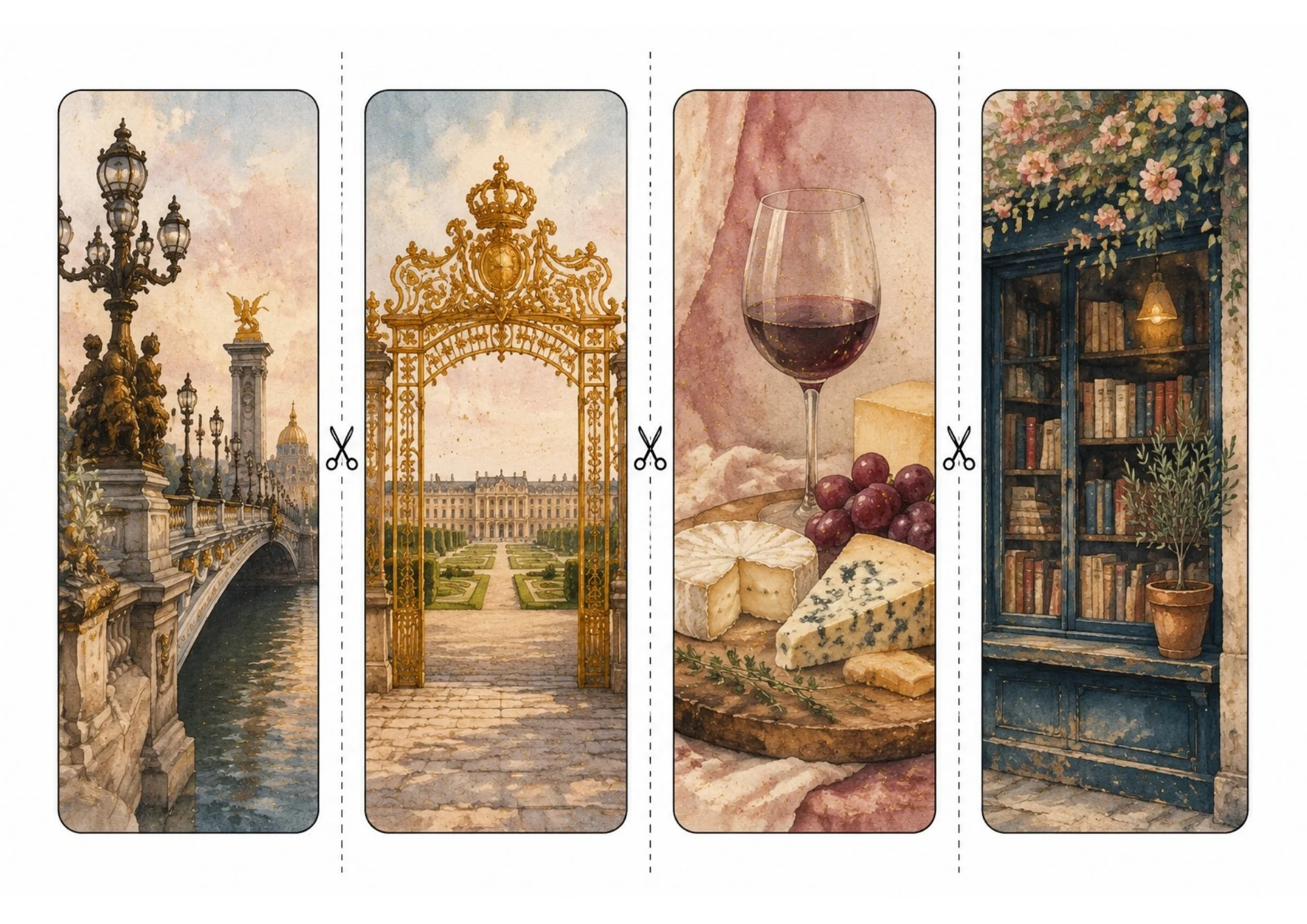 Printable sheet of four vertical watercolor bookmarks showing Pont Alexandre III bridge, Versailles golden gate, red wine with cheese board, and a Parisian bookstore window.