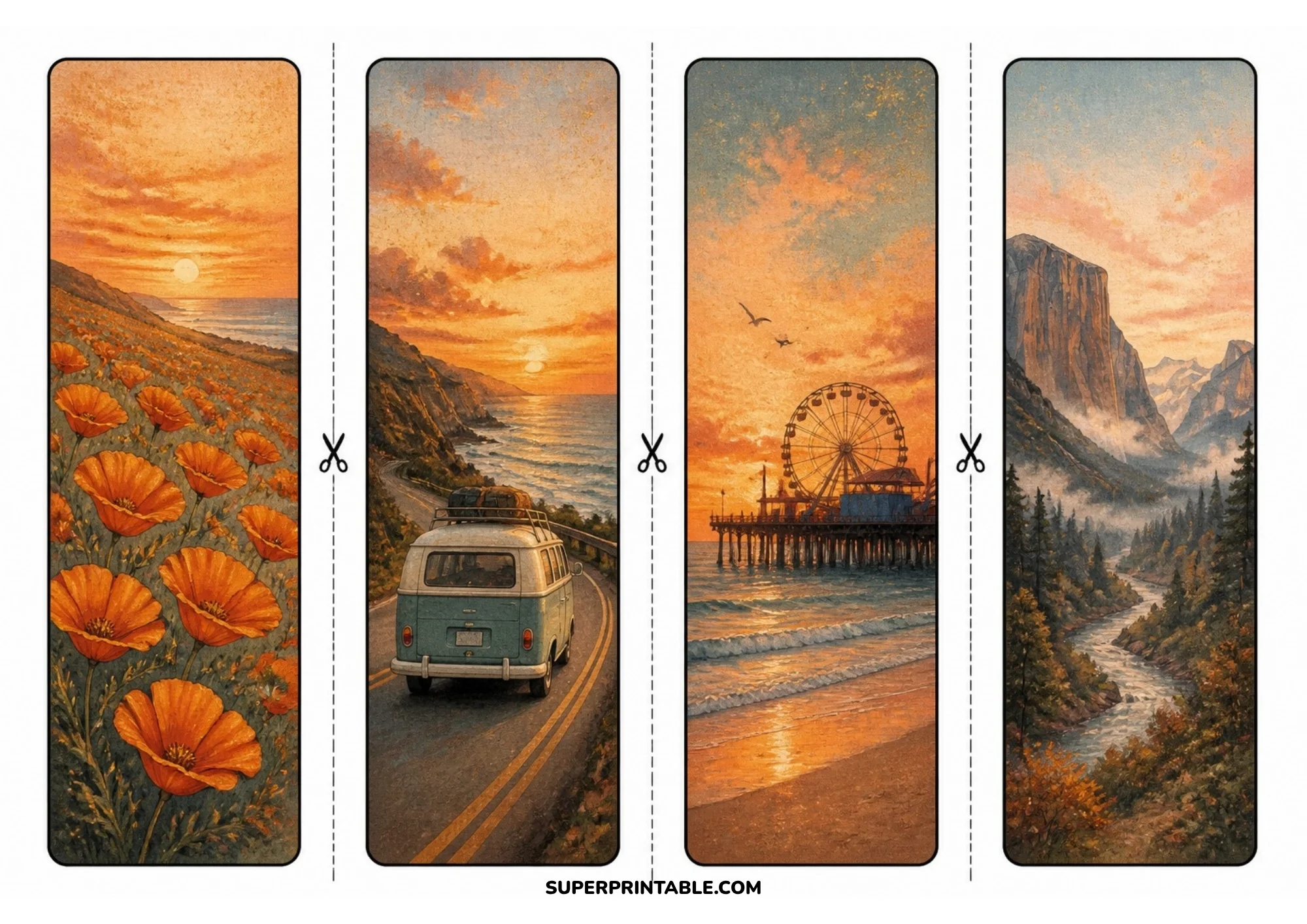 Set of four printable bookmarks showing California scenery including orange poppy fields, a vintage blue camper van on coastal Highway 1, Santa Monica pier, and Yosemite valley.