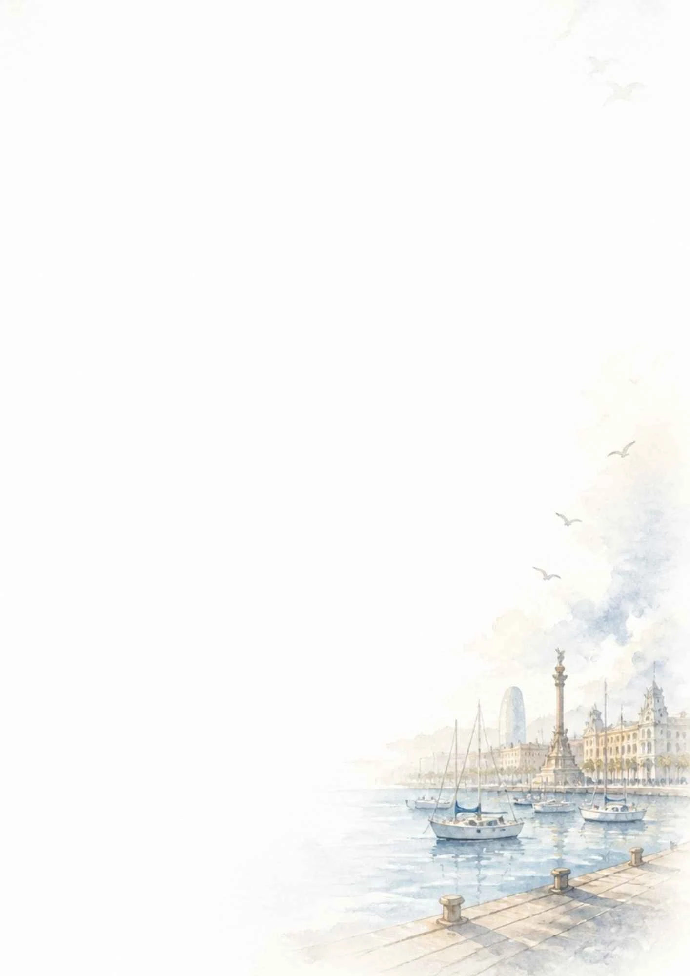 A watercolor harbor scene of Port Vell with sailboats docked in the blue water and the Columbus Monument in the distance.