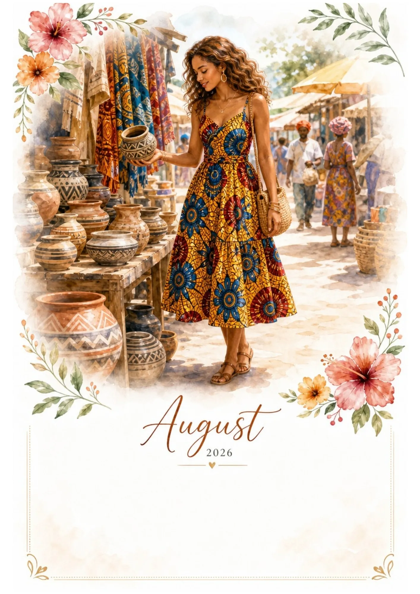 Watercolor print of a woman in a colorful African patterned dress browsing clay pots at an outdoor market under the text August 2026 with a blank bottom section.