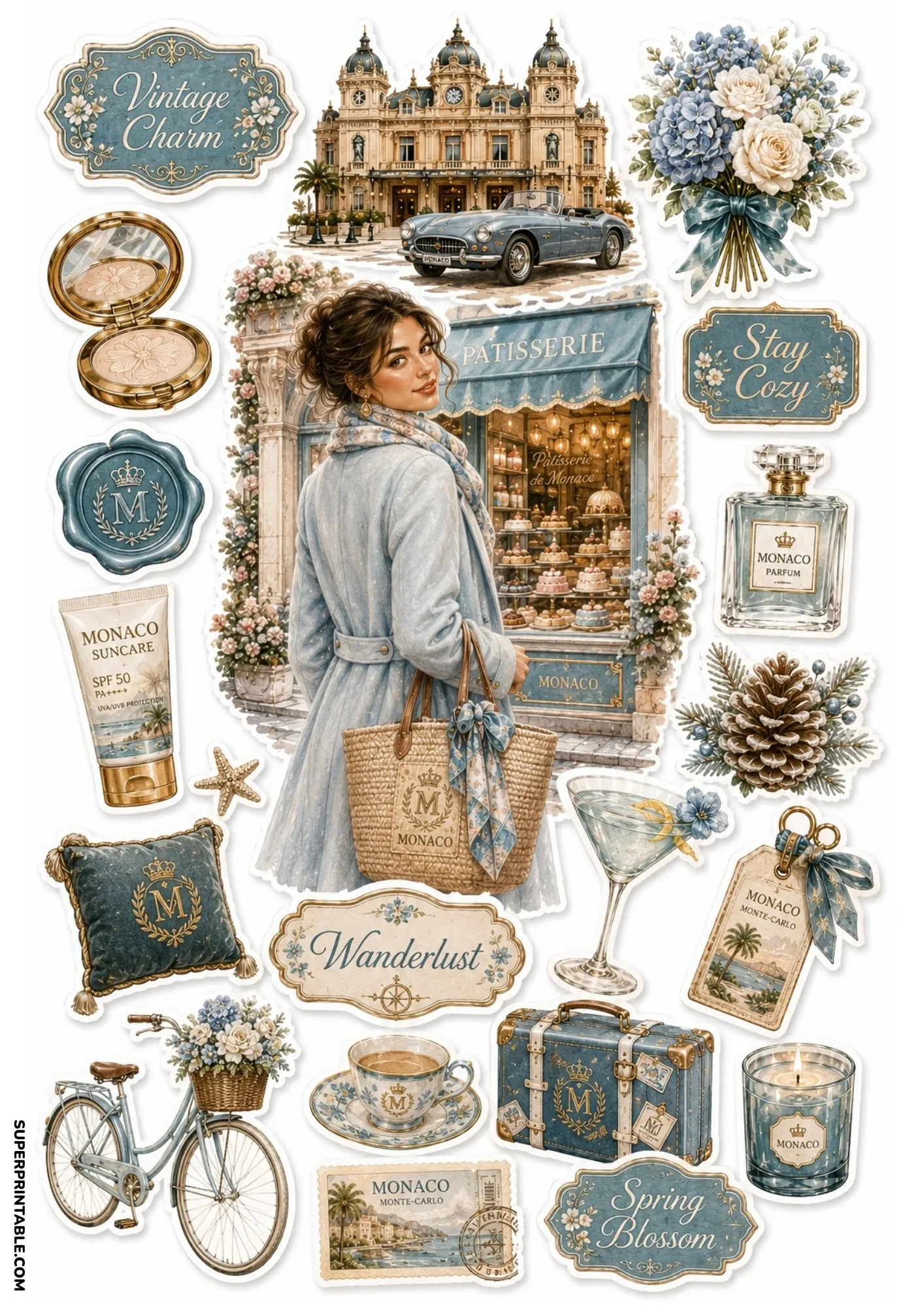 Printable sticker sheet featuring a woman outside a French patisserie, blue vintage car, blue luggage, and hydrangeas.