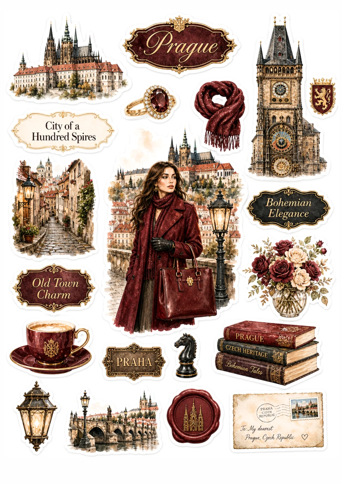 Watercolor Prague sticker sheet depicting a woman in a coat on Charles Bridge, Prague Astronomical Clock, and vintage books.