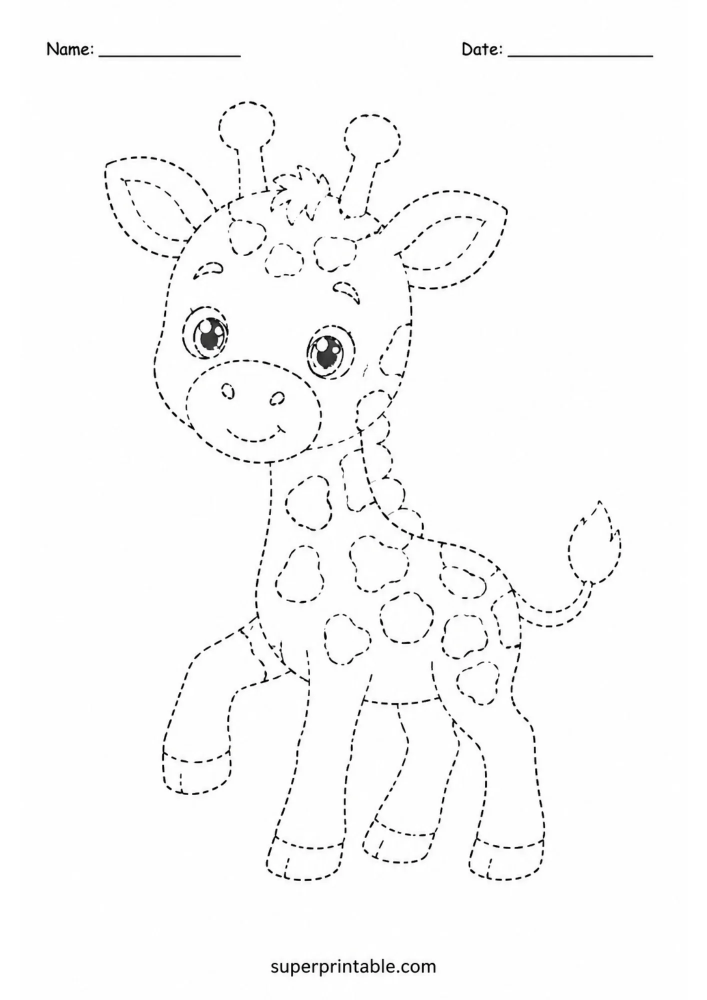 Black dashed line activity page of a smiling baby giraffe calf prancing with one front leg lifted, spotted body, and top Name and Date header lines.