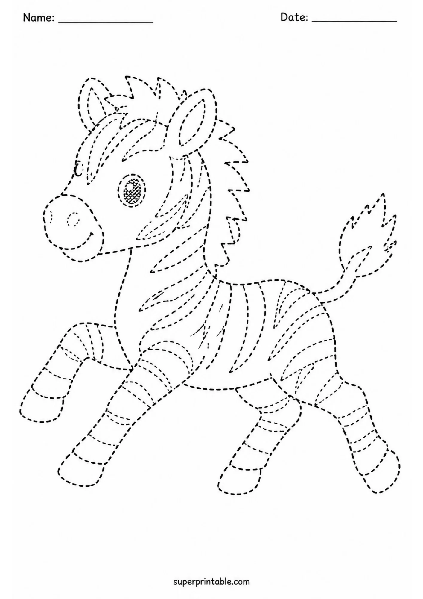 Black line art tracing worksheet of an active baby zebra foal prancing forward with raised tail, rendered in dashed outline lines.