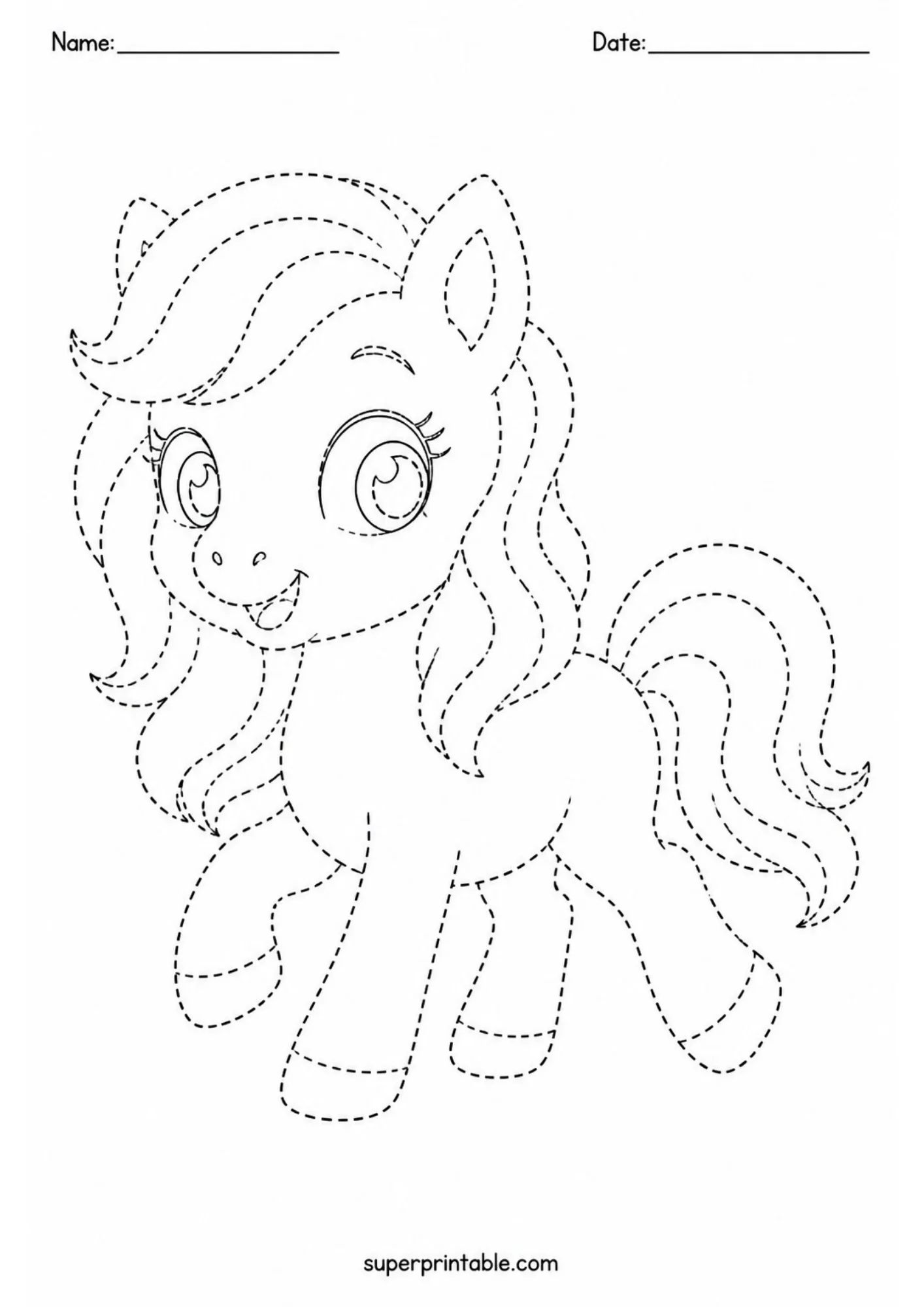 Printable line tracing page showing a happy cartoon pony prancing with one front leg lifted, drawn with black dotted lines on white background.