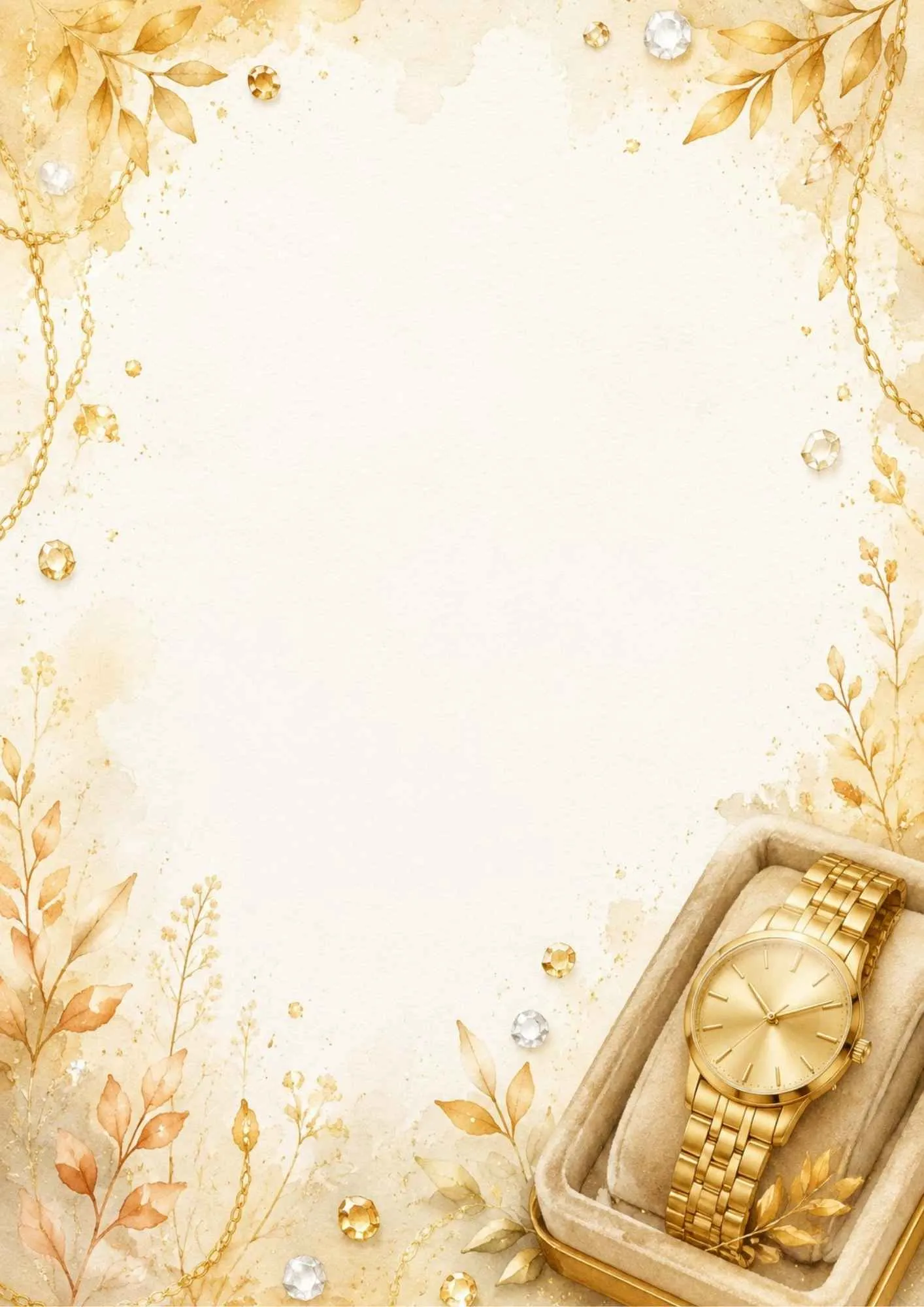 A luxurious writing page featuring a prestige gold watch on a green velvet pillow with green ribbons.