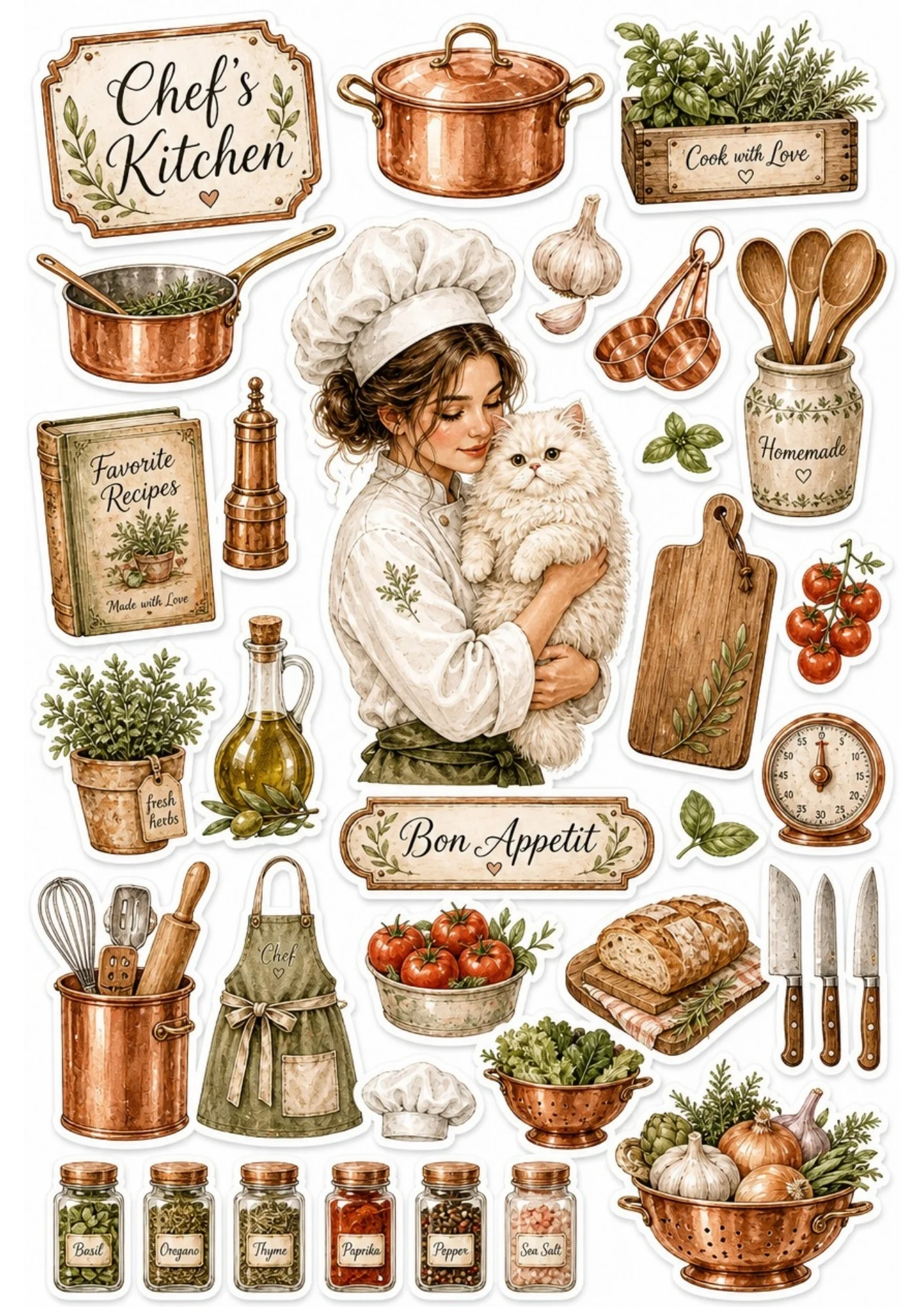 A girl in a chef's hat cooking with copper pots alongside a white cat. Surrounding stickers include gourmet ingredients, chef tools, and text saying 'Chef's Kitchen' and 'Bon Appetit'.