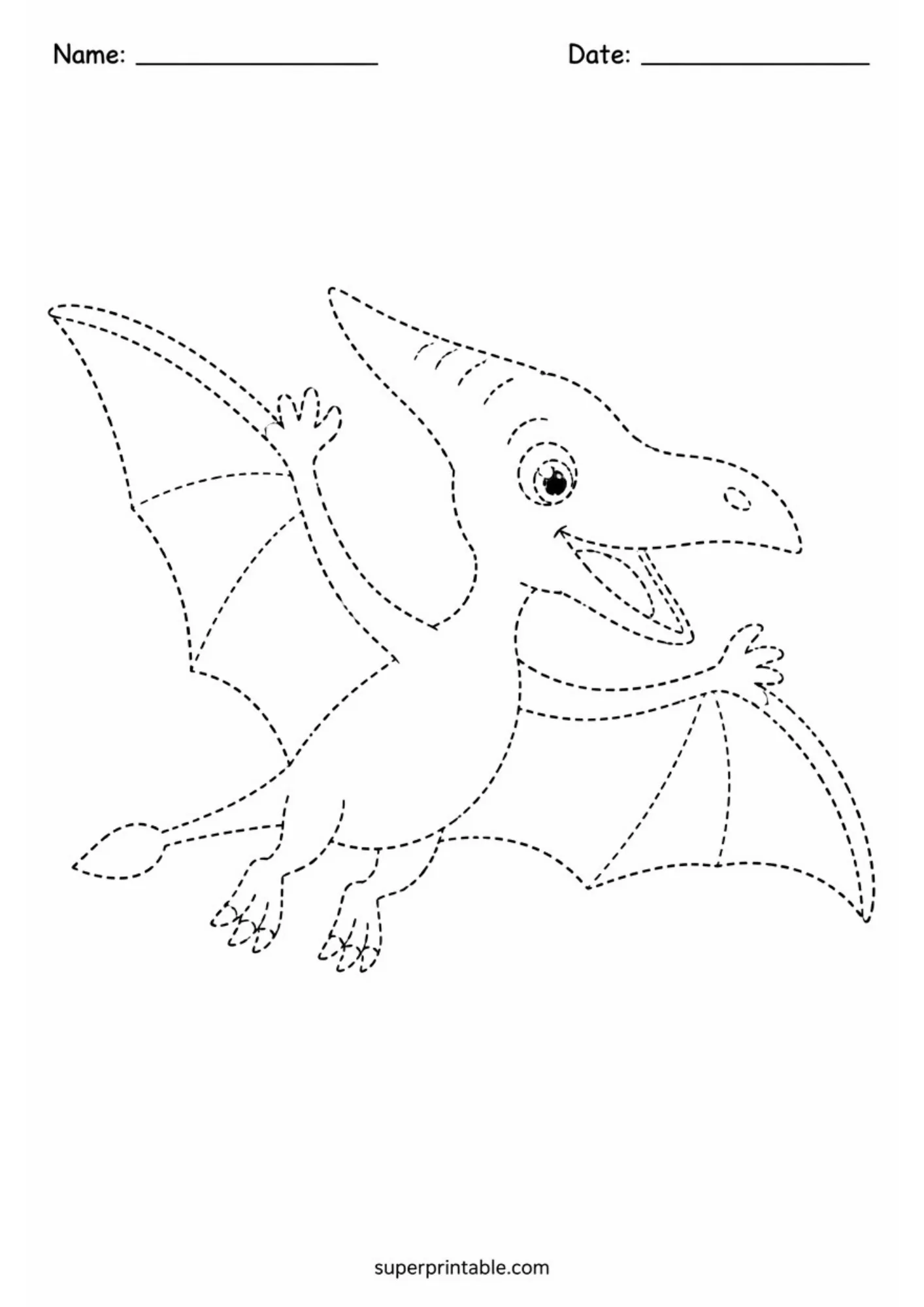 Line tracing worksheet of a cartoon Pterodactyl in flight with open wings rendered in dashed lines.