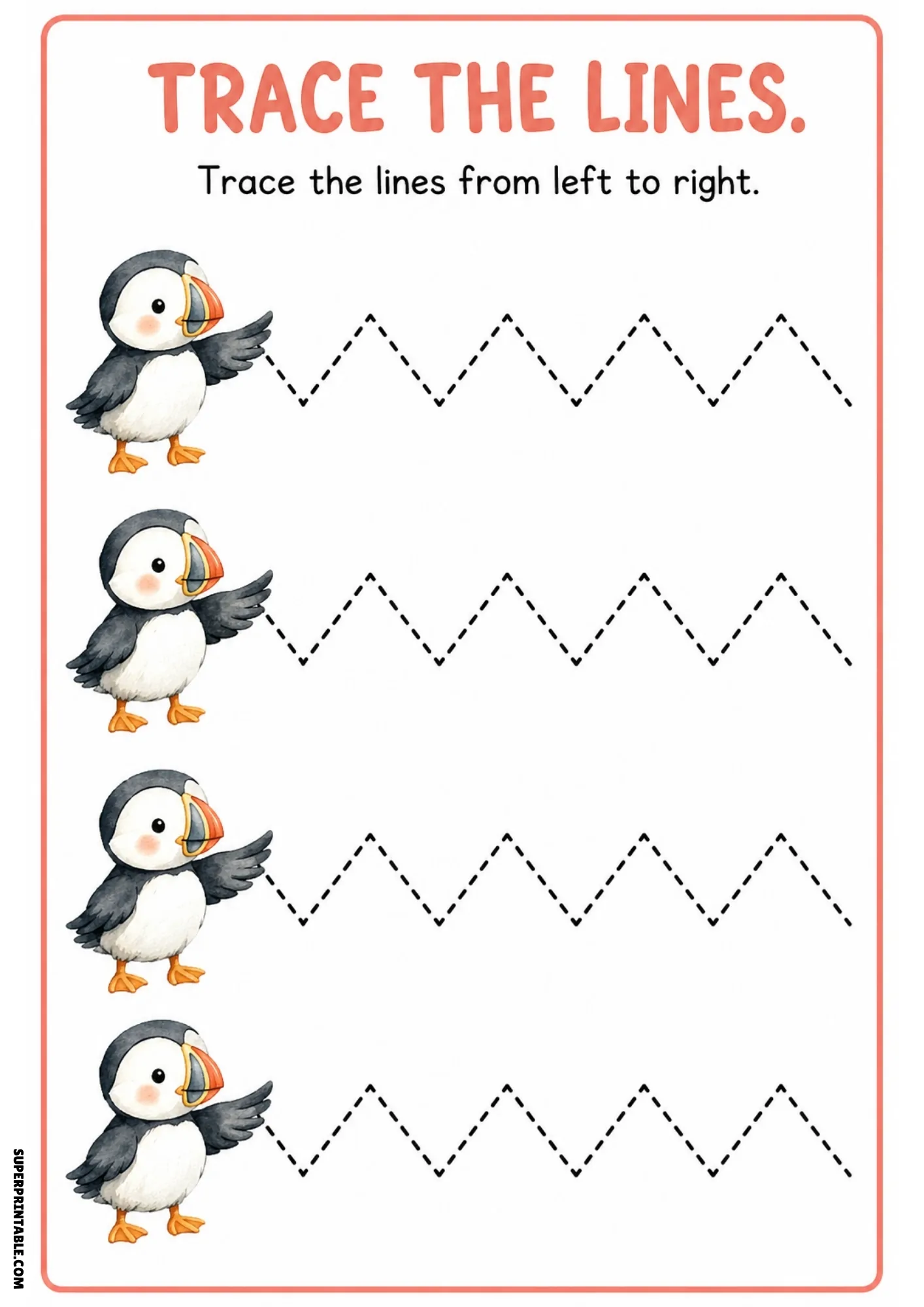 Printable worksheet featuring four watercolor puffins and sharp zigzag dashed lines to trace.