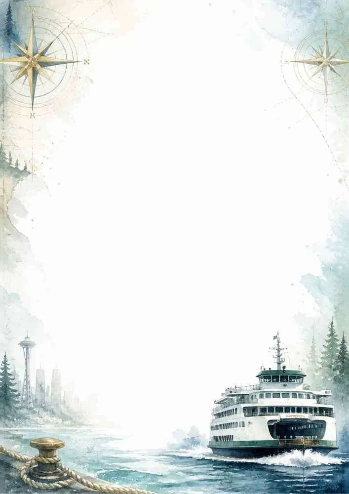 A maritime-themed writing page showing a green and white Washington State Ferry on Puget Sound, with a dock bollard, compass roses, and the Seattle skyline.