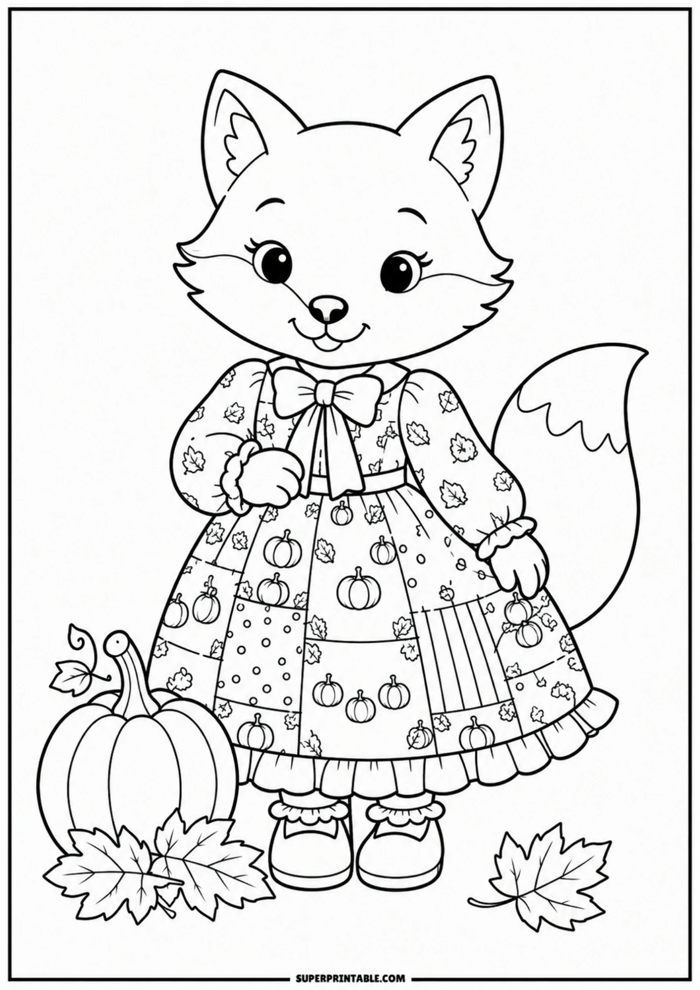 A vintage style coloring page of a cute fox wearing a patchwork dress patterned with pumpkins and autumn leaves, standing next to a large pumpkin and maple leaves on the ground.