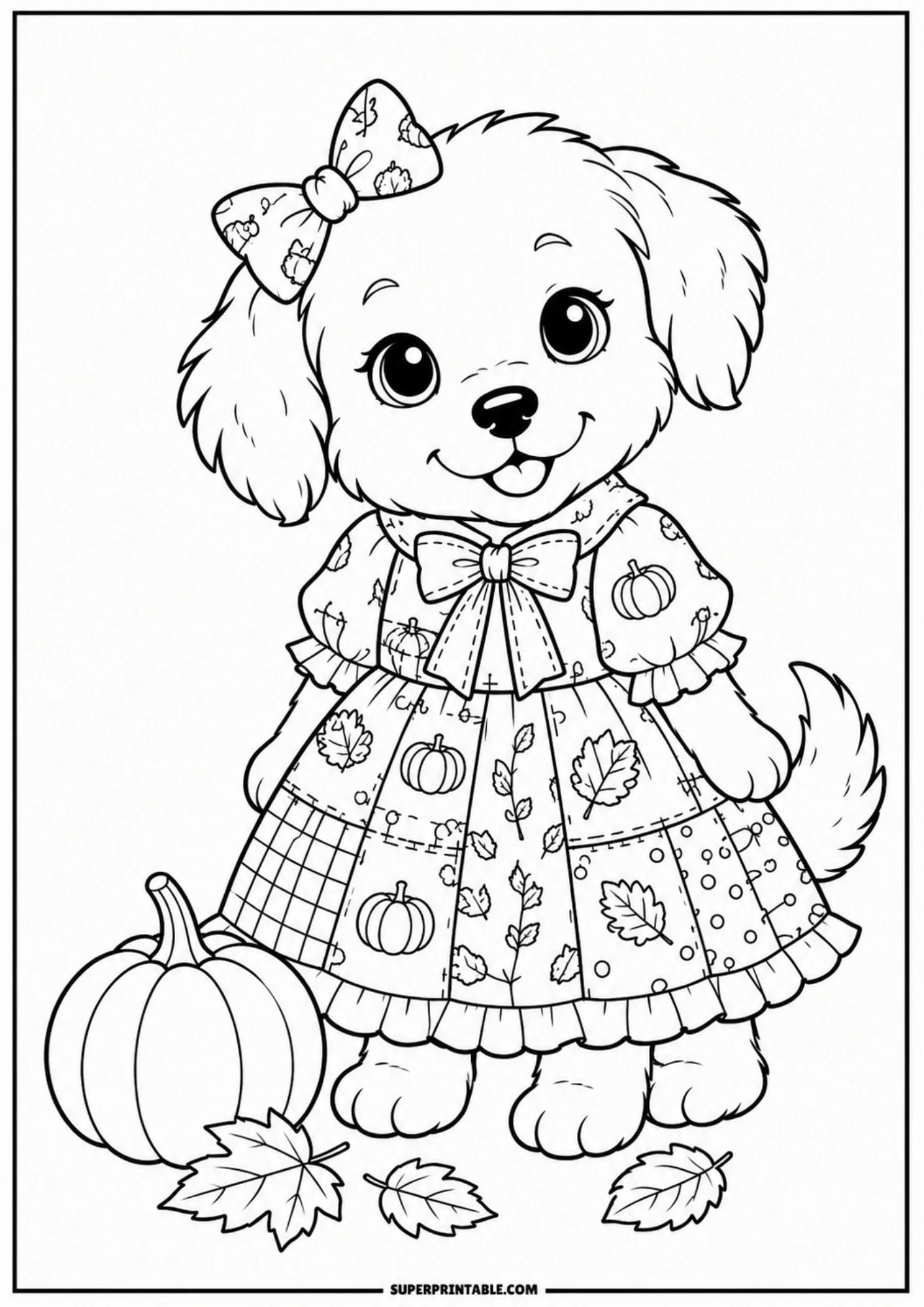 A coloring page showing a cute puppy in a dress decorated with leaves and pumpkins, standing next to a pumpkin and autumn leaves.
