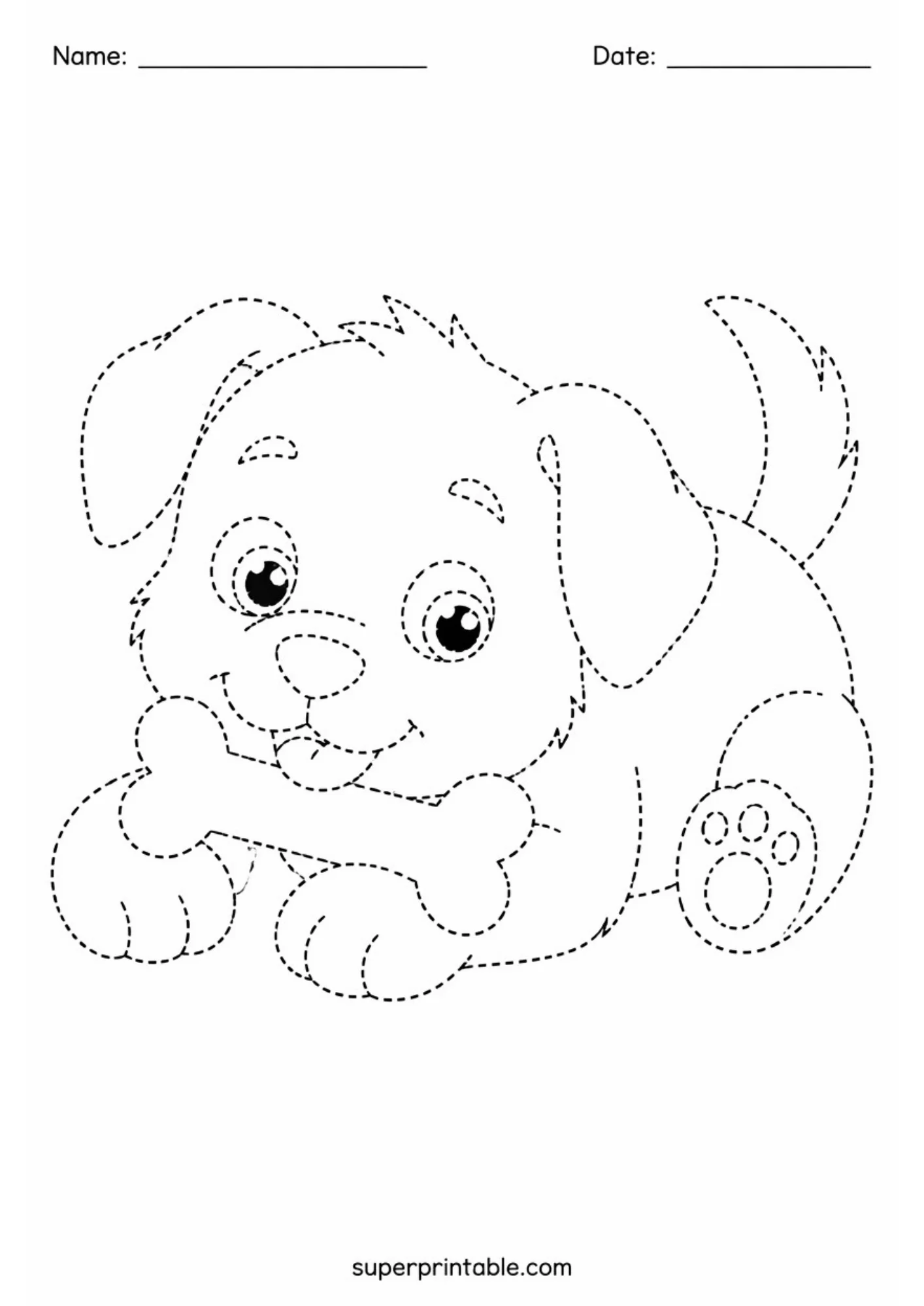 Black and white dotted line tracing sheet of a cute puppy lying down and holding a large dog bone between its front paws.