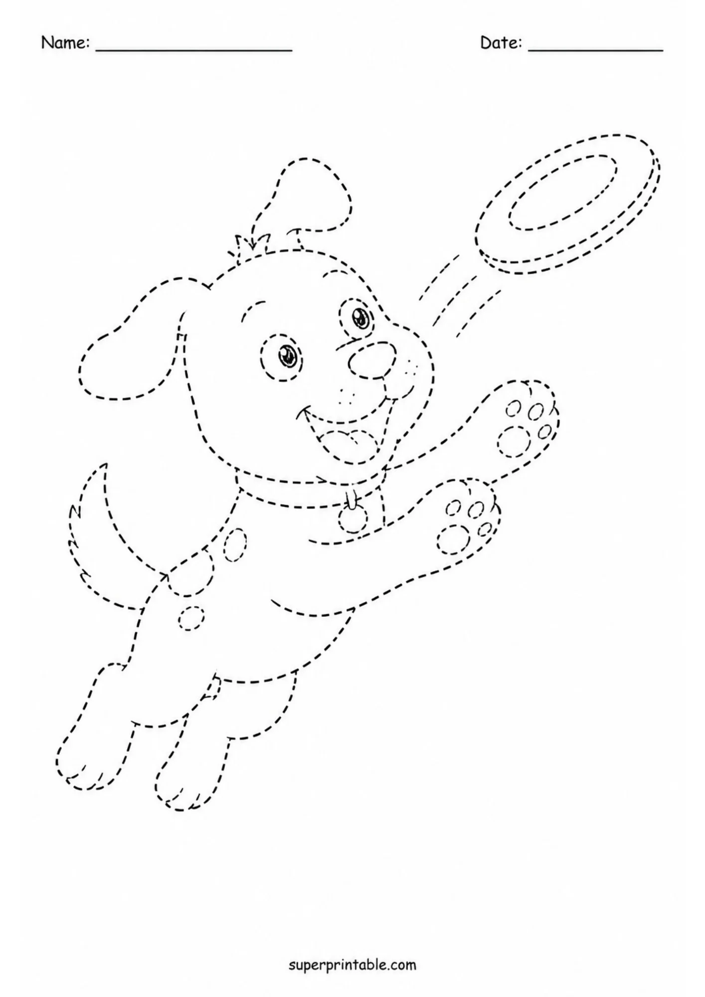 Printable dotted line tracing sheet showing a happy puppy leaping mid air to catch a flying frisbee disk with outstretched paws.