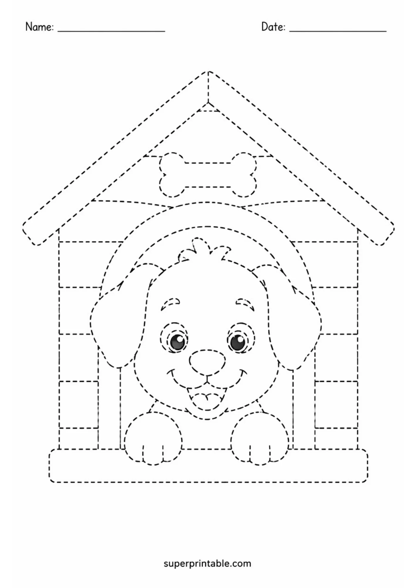 Dotted line activity worksheet of a cute puppy peeking out from inside a wooden doghouse with front paws resting on the ledge.