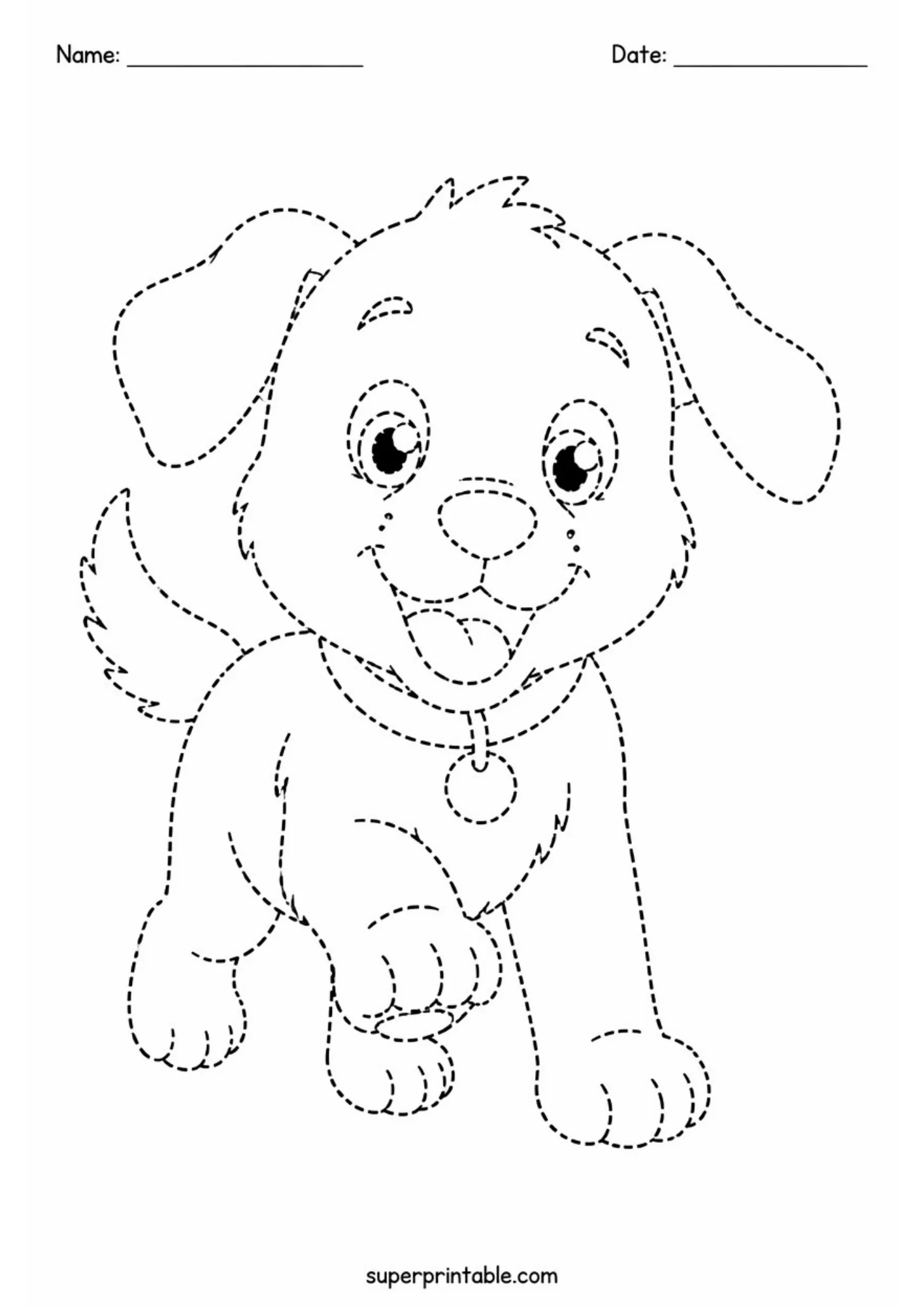 Printable dotted line tracing worksheet of a cartoon puppy walking forward with one paw lifted, floppy ears, open mouth, and collar tag.