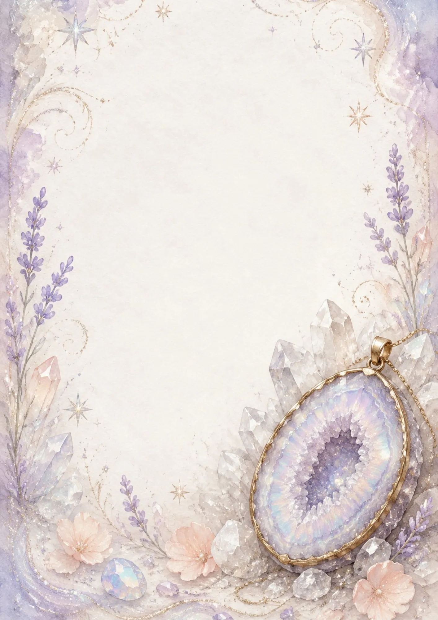 A dreamy stationery page featuring an oval agate slice geode pendant with gold rim, surrounded by raw quartz points and lavender.